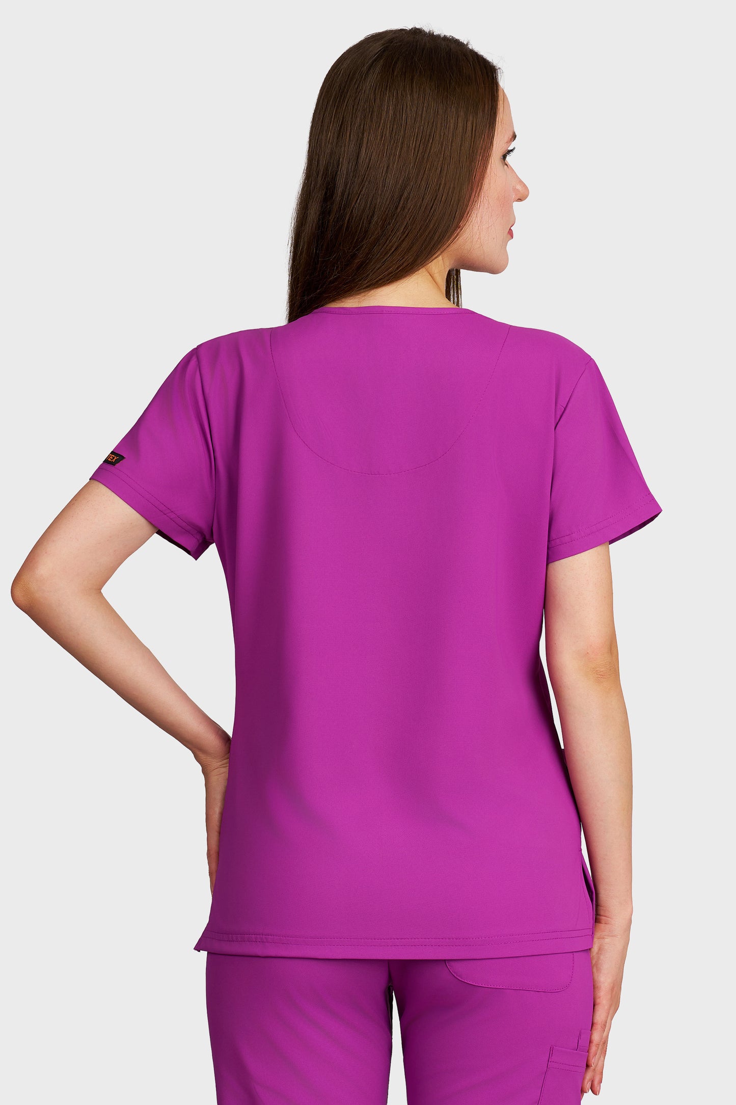Bluza medicala femei Tosca mov stretch - vedere din spate - AKITEX