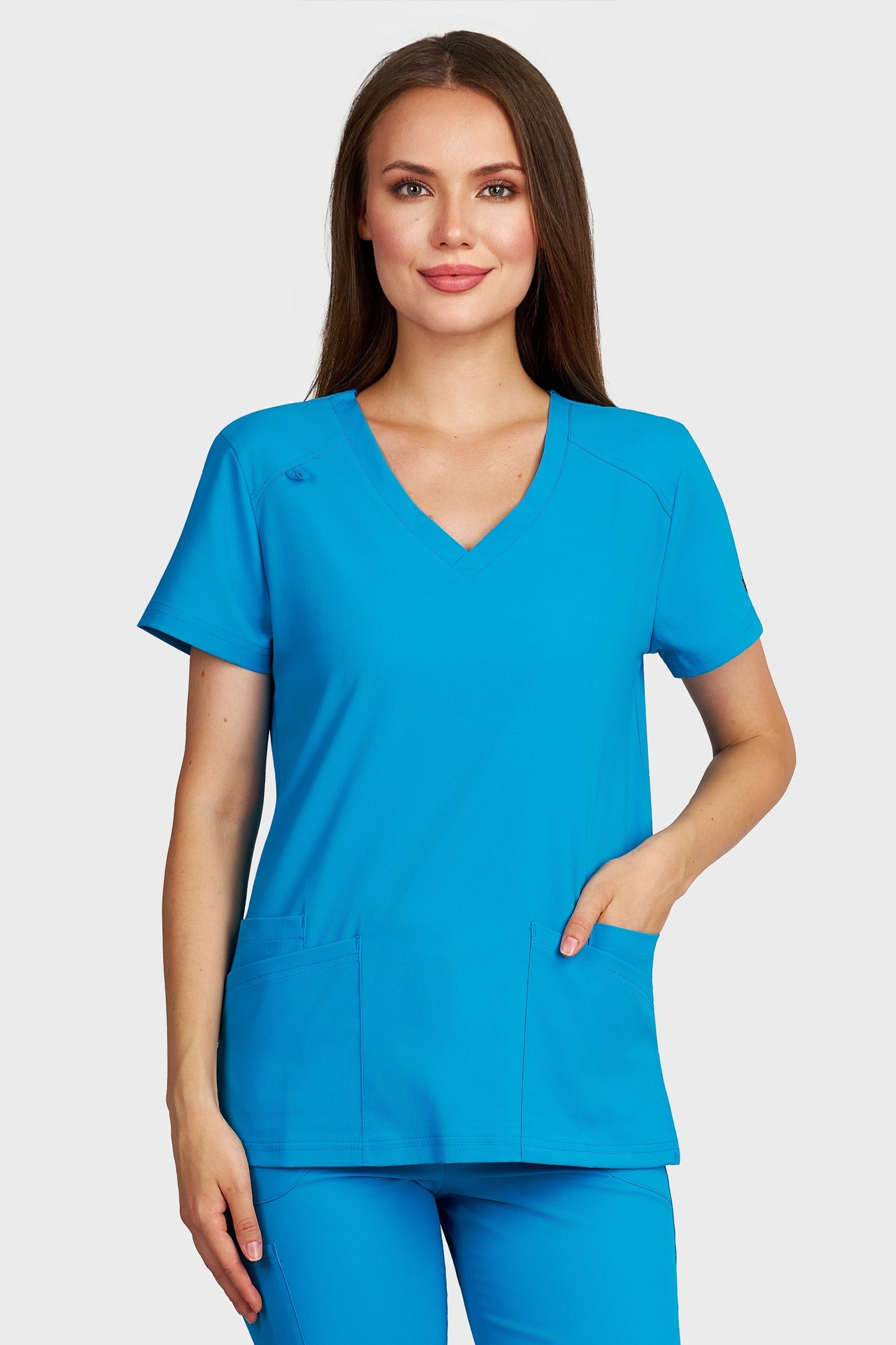 Bluza medicala femei Tosca turcoaz stretch - vedere din fata - AKITEX