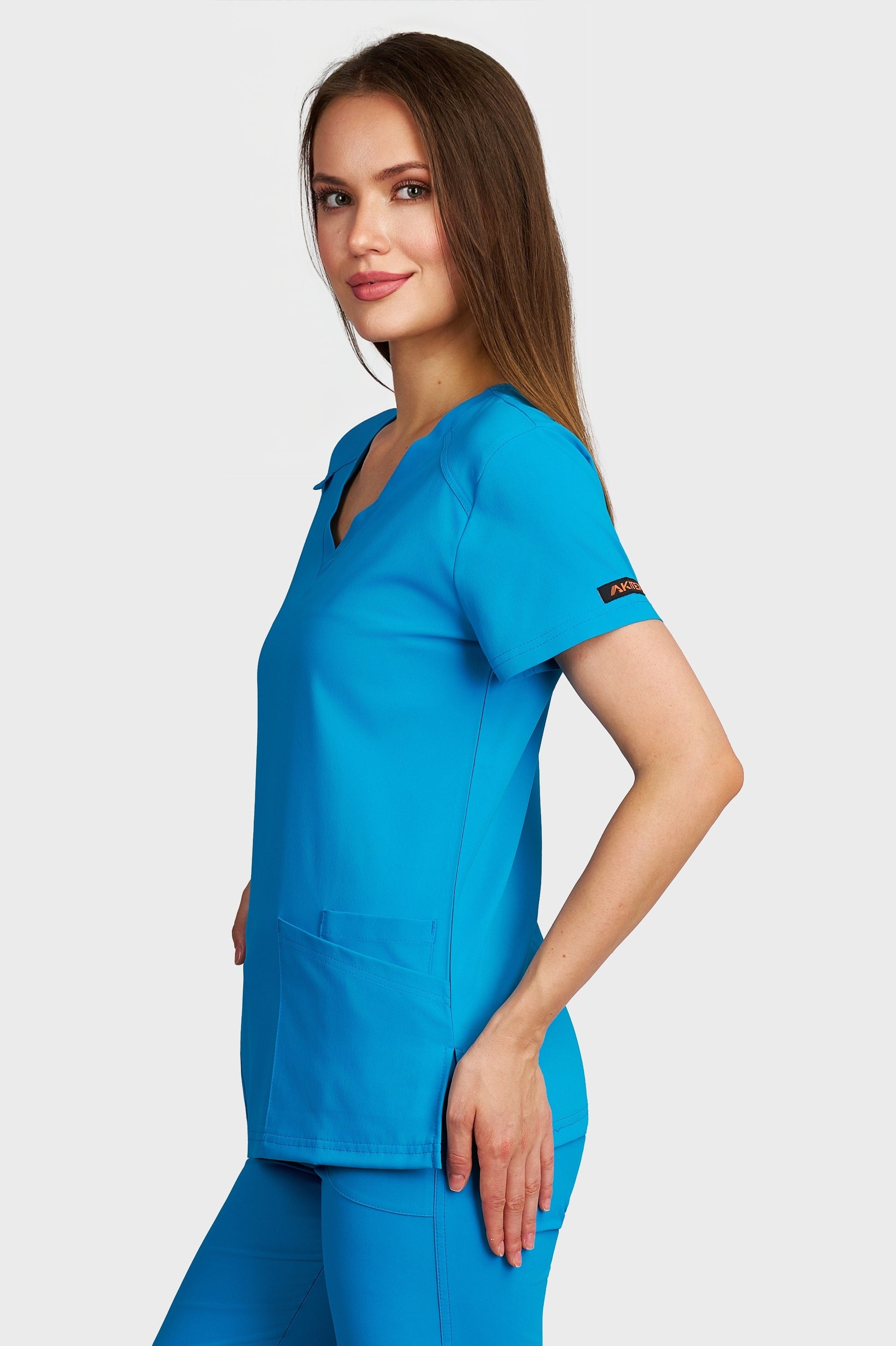 Bluza medicala femei Tosca turcoaz stretch - vedere laterala - AKITEX
