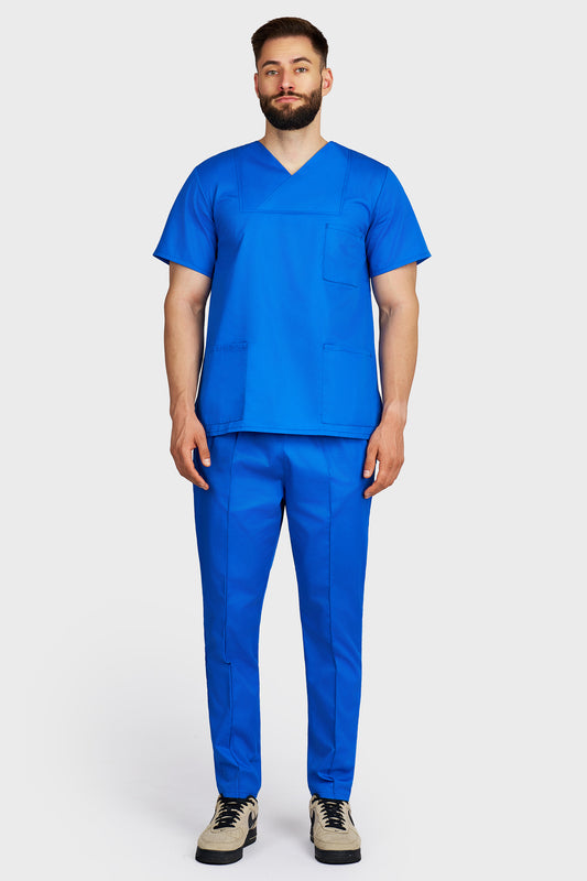 Costum medical barbati albastru royal - bluza medicala Victoria si pantaloni Alisa, vedere din fata - AKITEX