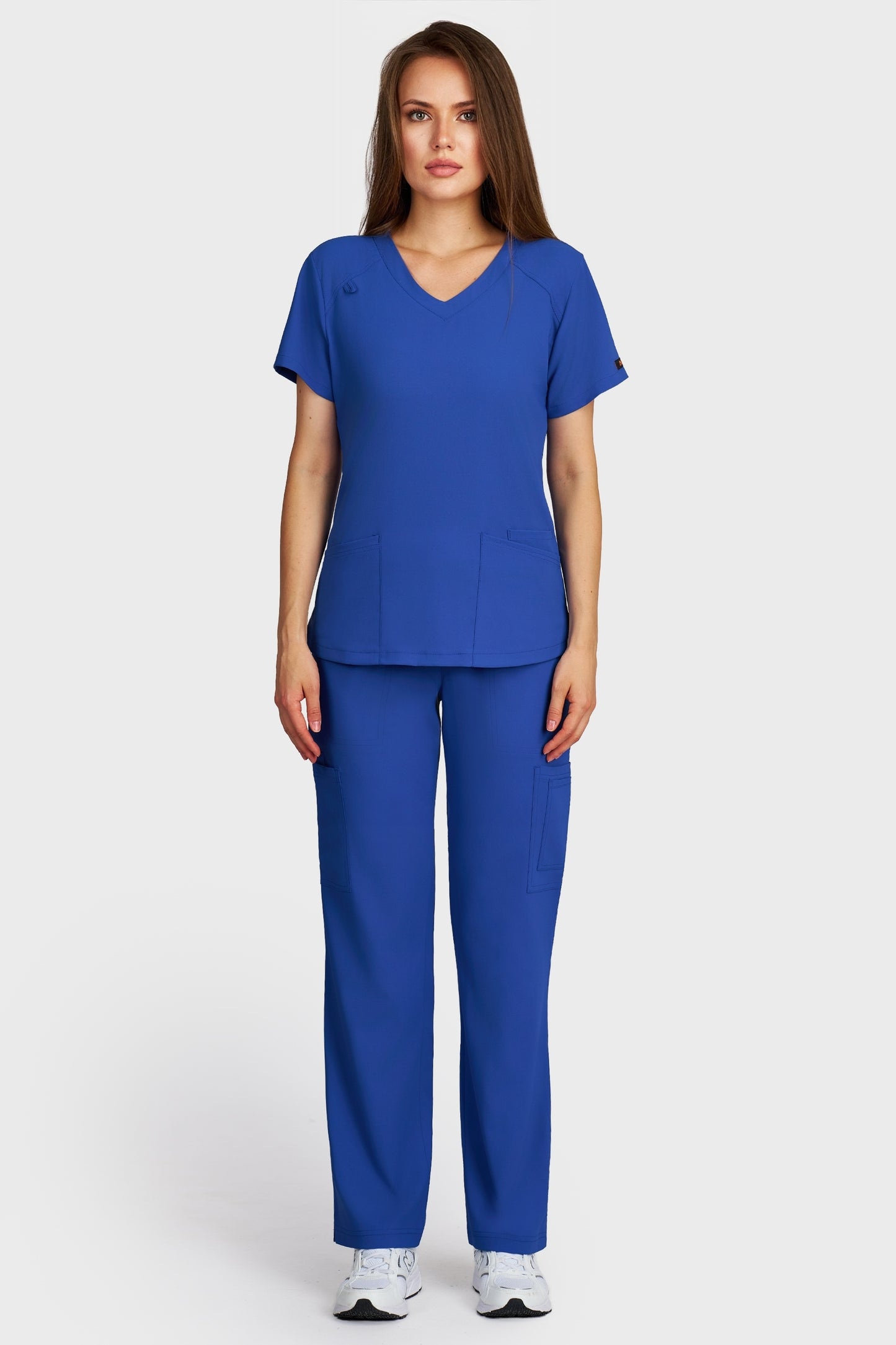 Costum medical femei albastru royal - bluza medicala Carmen si pantaloni cargo, vedere din fata - AKITEX