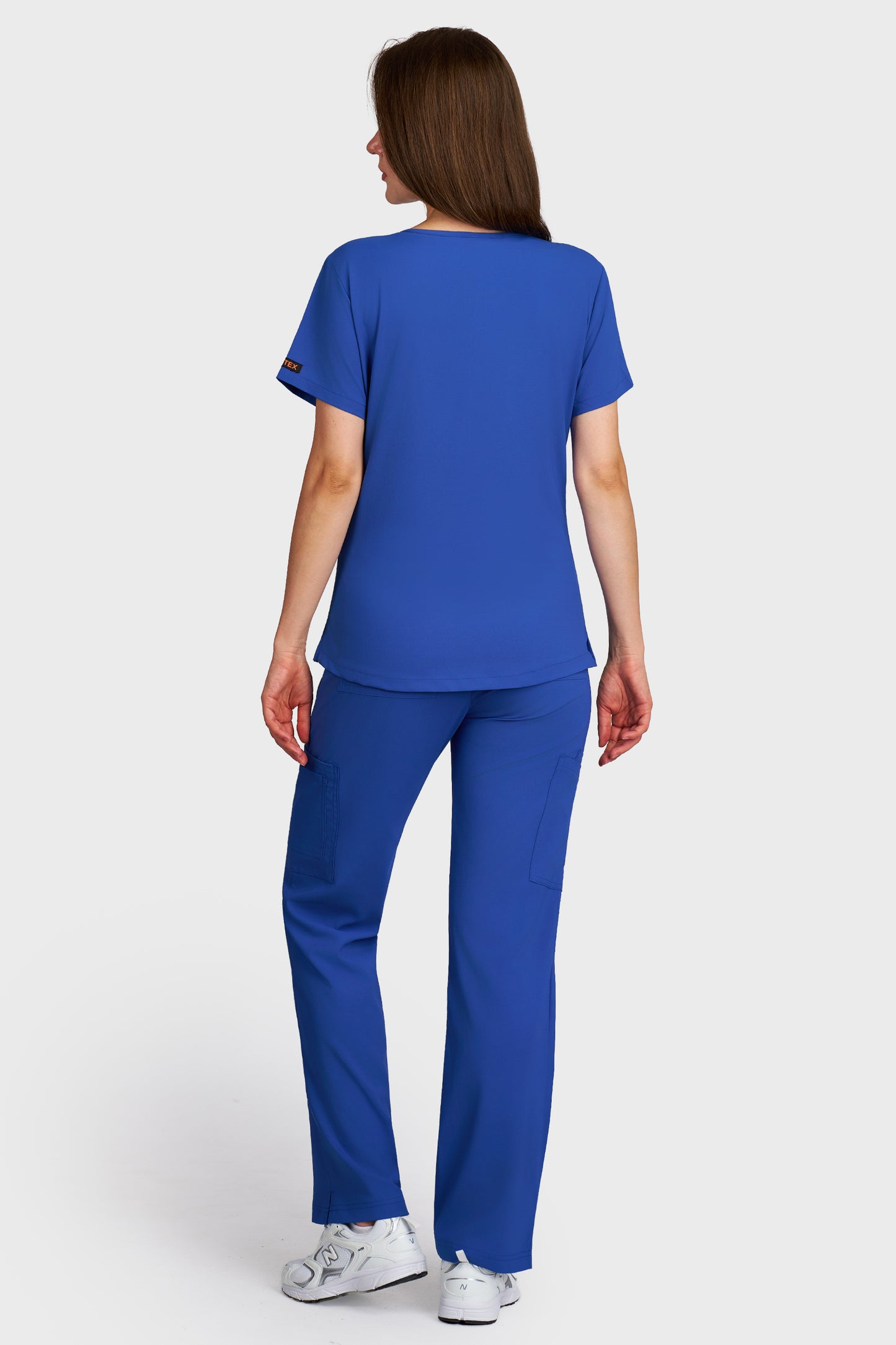 Costum medical femei albastru royal - bluza medicala Carmen si pantaloni cargo, vedere din spate - AKITEX