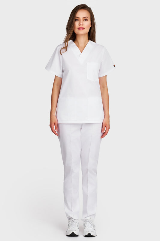 Costum medical femei alb - bluza medicala cu guler in V si pantaloni Alisa, vedere din fata - AKITEX