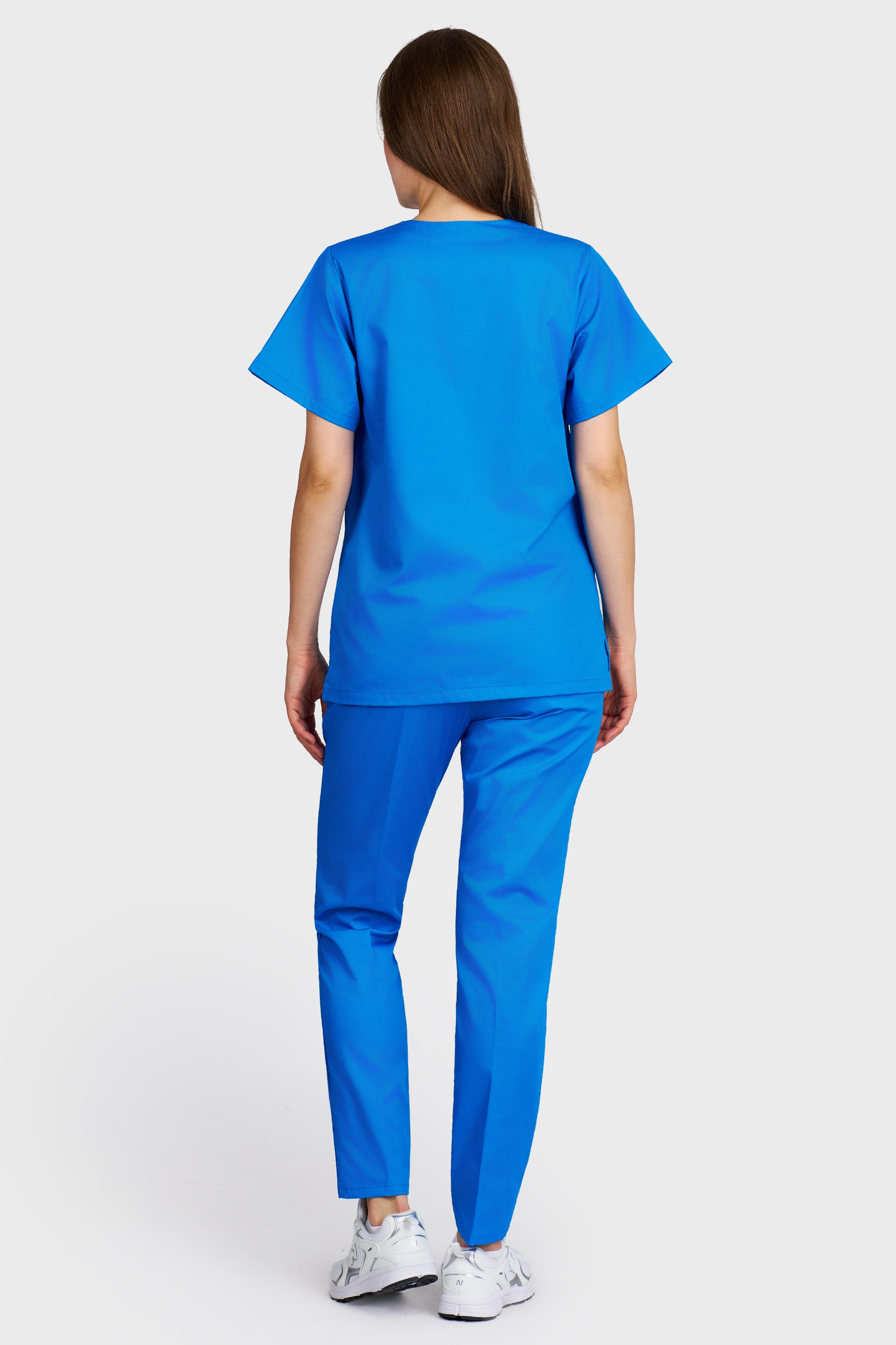 Costum medical femei turquoise - bluza medicala cu guler in V si pantaloni Alisa, vedere din spate - AKITEX