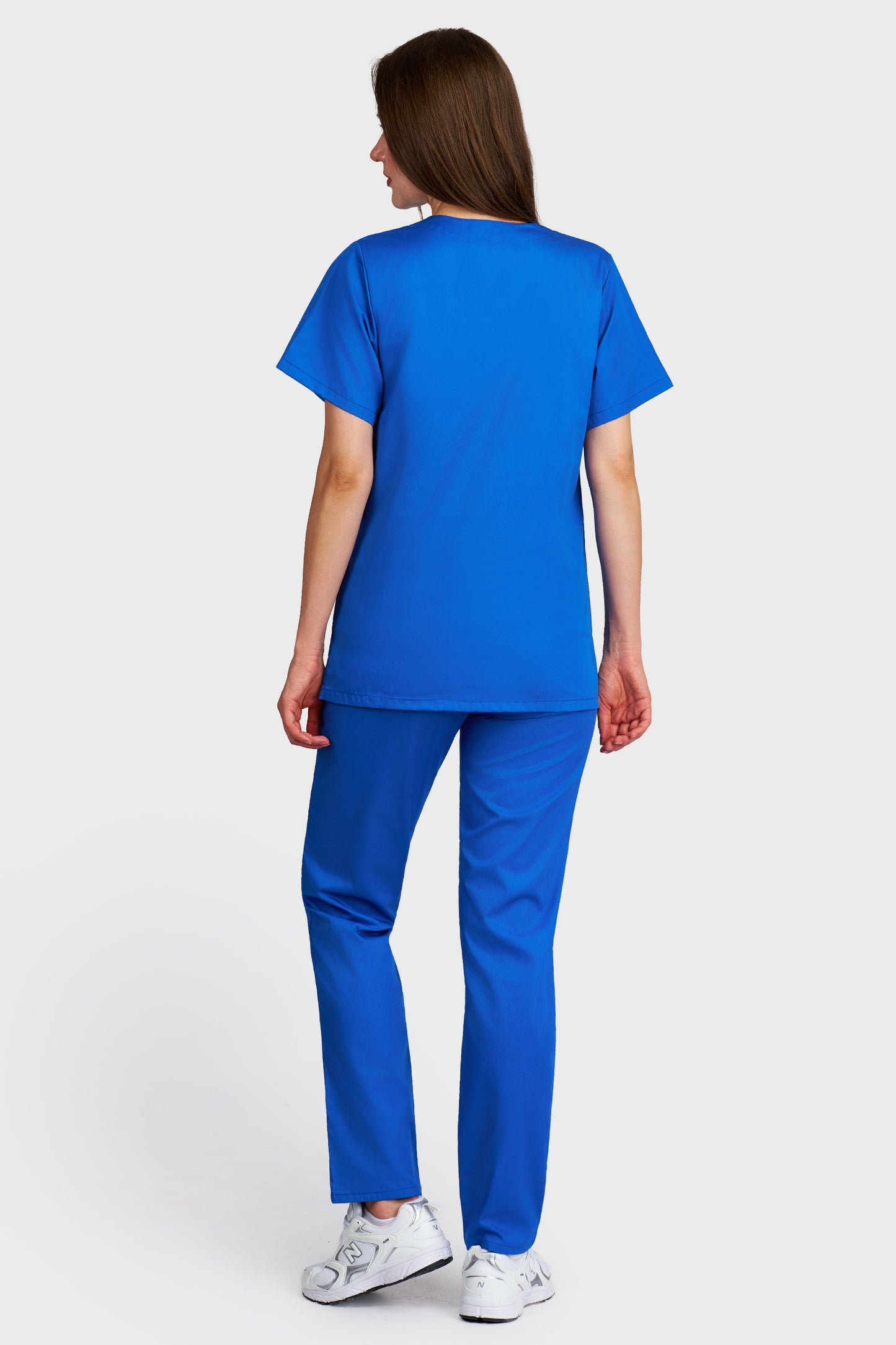 Costum medical femei albastru royal - bluza medicala cu guler in V si pantaloni cu elastic si snur, vedere din spate - AKITEX