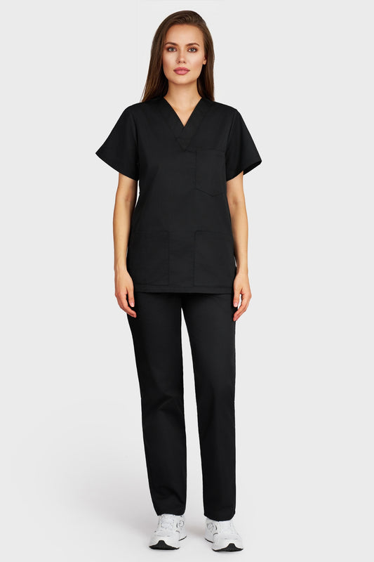 Costum medical femei negru - bluza medicala cu guler in V si pantaloni cu elastic si snur, vedere din fata - AKITEX
