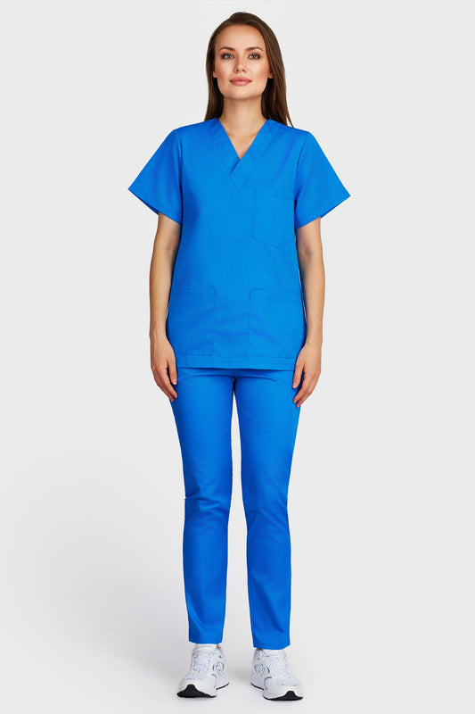 Costum medical femei turquoise - bluza medicala cu guler in V si pantaloni cu elastic, vedere din fata - AKITEX