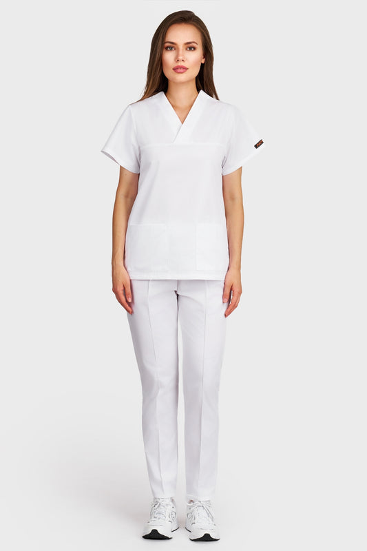 Costum medical femei alb - bluza medicala Frieda si pantaloni Alisa, vedere din fata - AKITEX
