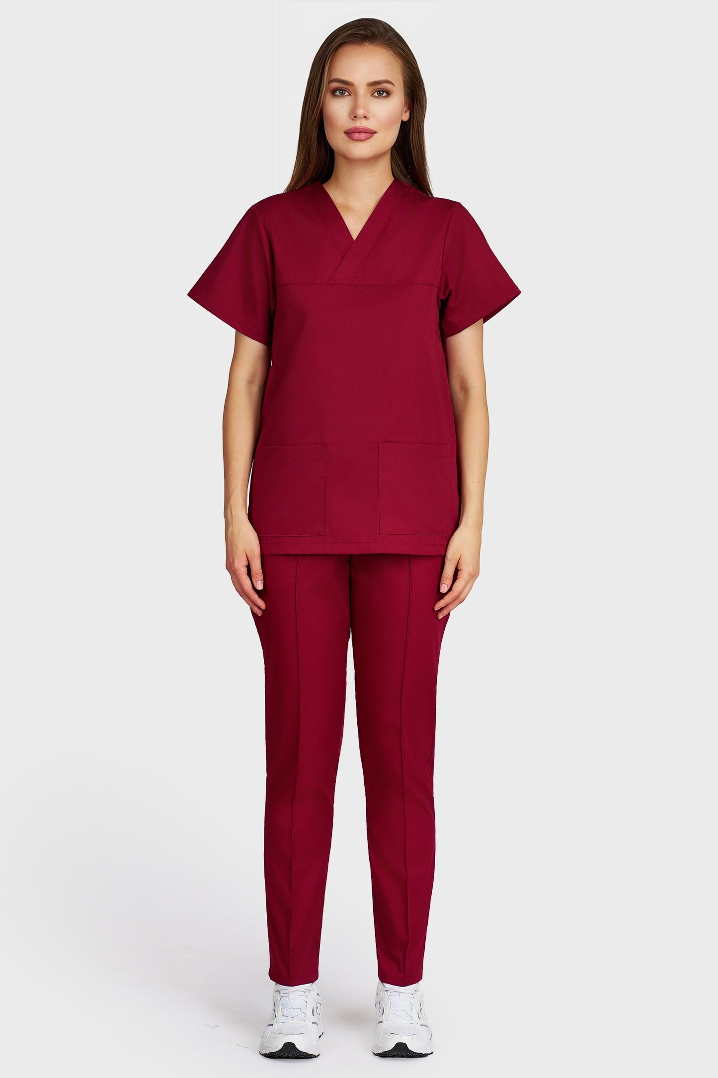 Costum medical femei bordo - bluza medicala Frieda si pantaloni Alisa, vedere din fata - AKITEX
