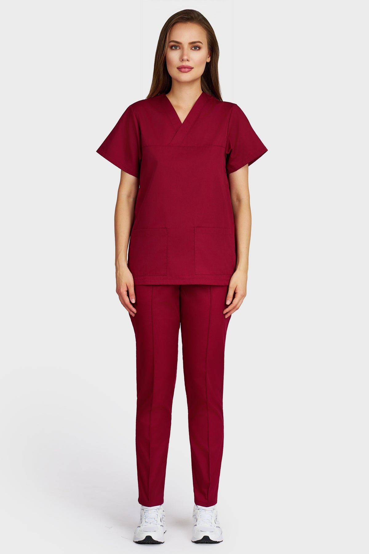 Costum medical femei bordo - bluza medicala Frieda si pantaloni Alisa, vedere din fata - AKITEX