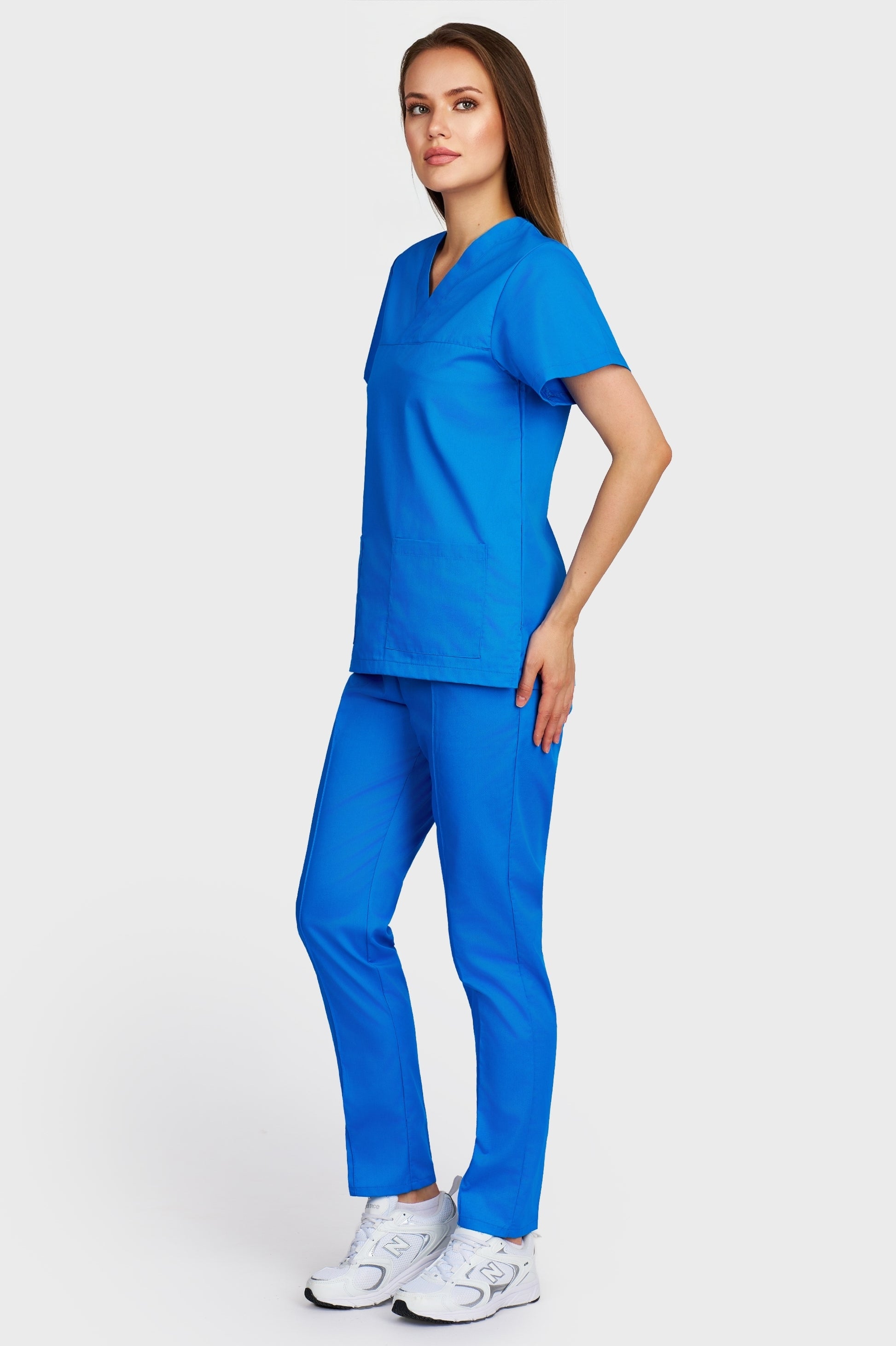 Costum medical femei turquoise - bluza medicala Frieda si pantaloni Alisa, vedere laterala - AKITEX