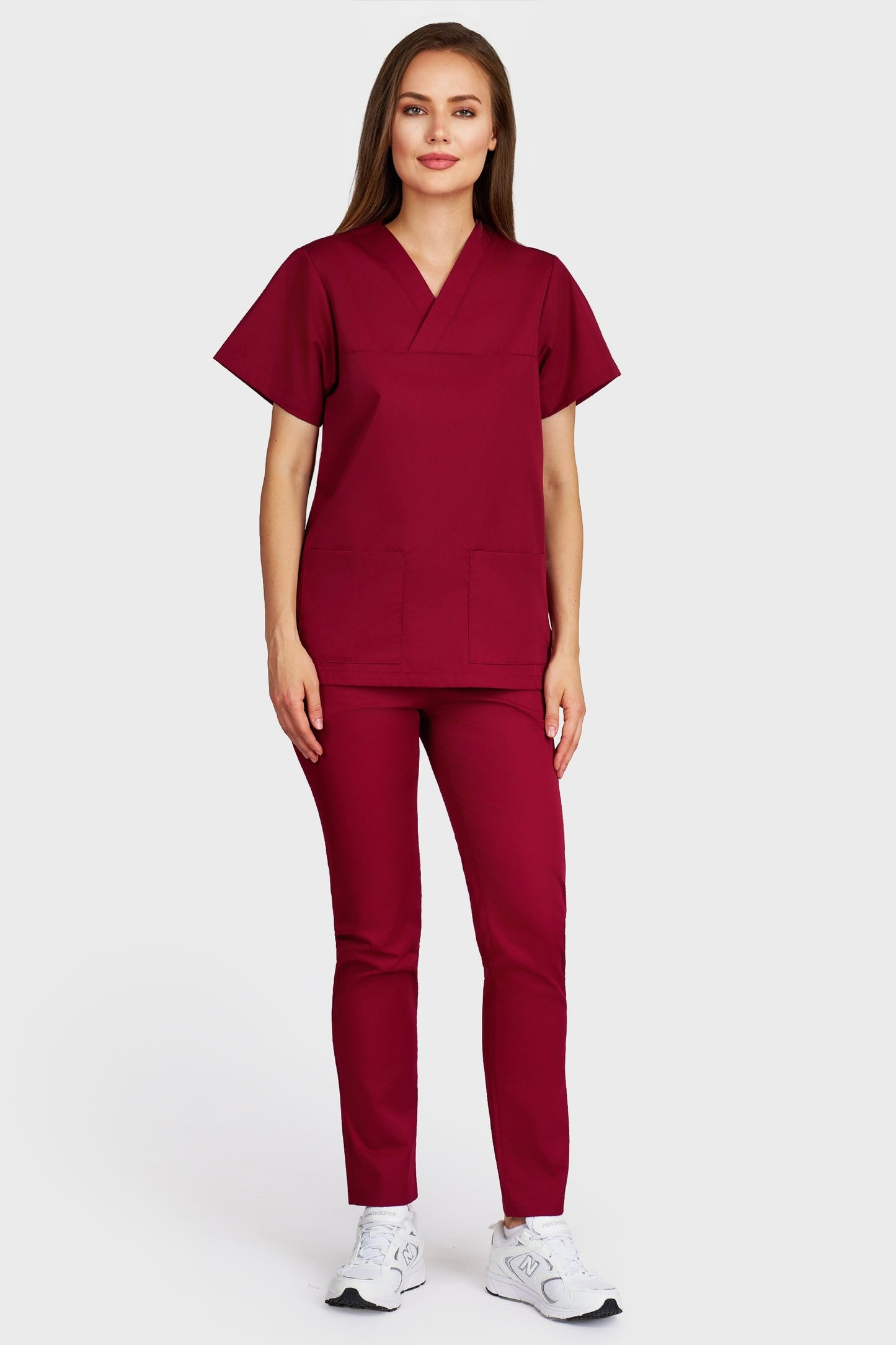 Costum medical femei bordo - bluza medicala Frieda si pantaloni cu elastic, vedere din fata - AKITEX