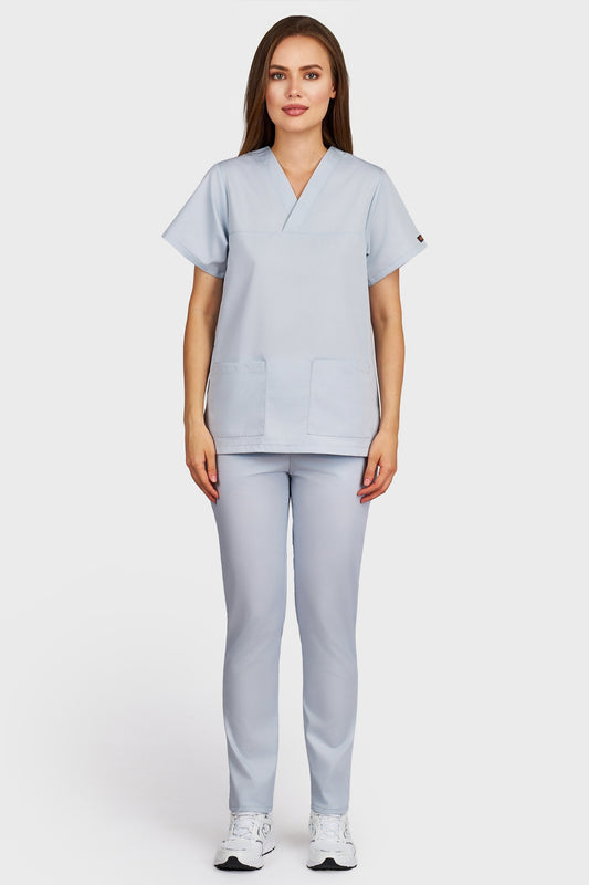 Costum medical femei gri - bluza medicala Frieda si pantaloni cu elastic, vedere din fata - AKITEX