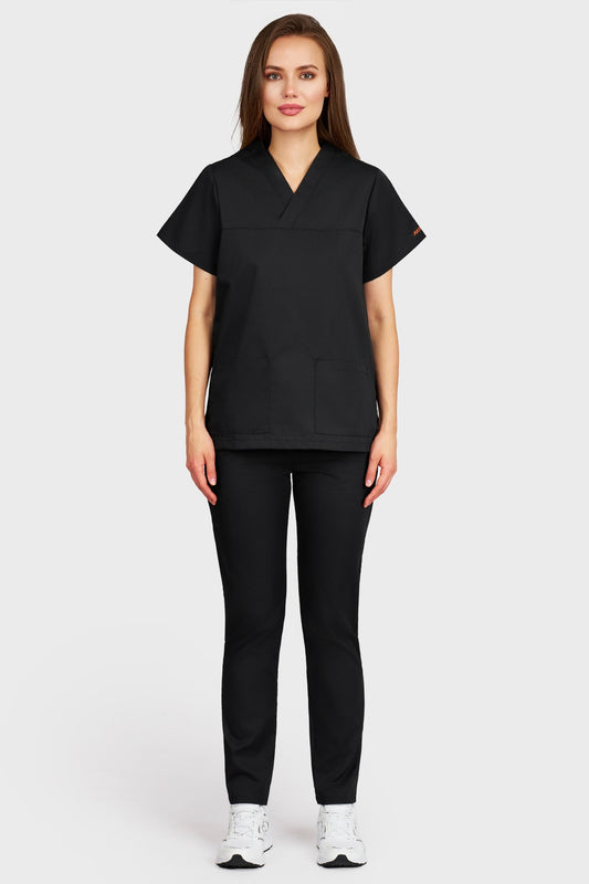 Costum medical femei negru - bluza medicala Frieda si pantaloni cu elastic, vedere din fata - AKITEX