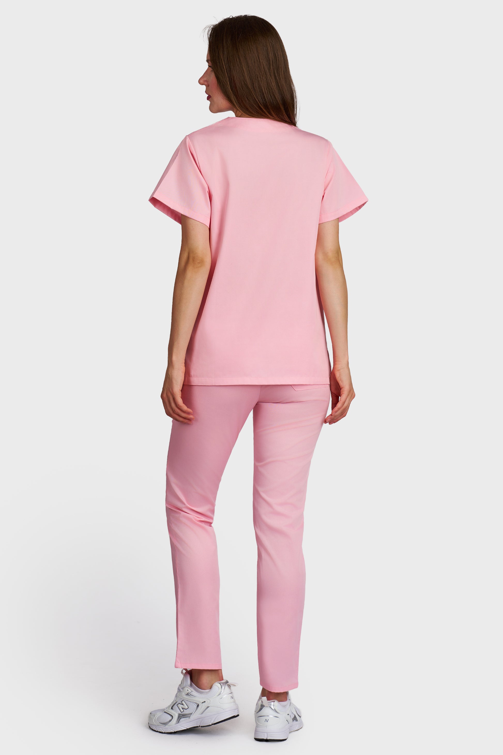 Costum medical femei roz - bluza medicala Frieda si pantaloni cu elastic, vedere din spate - AKITEX