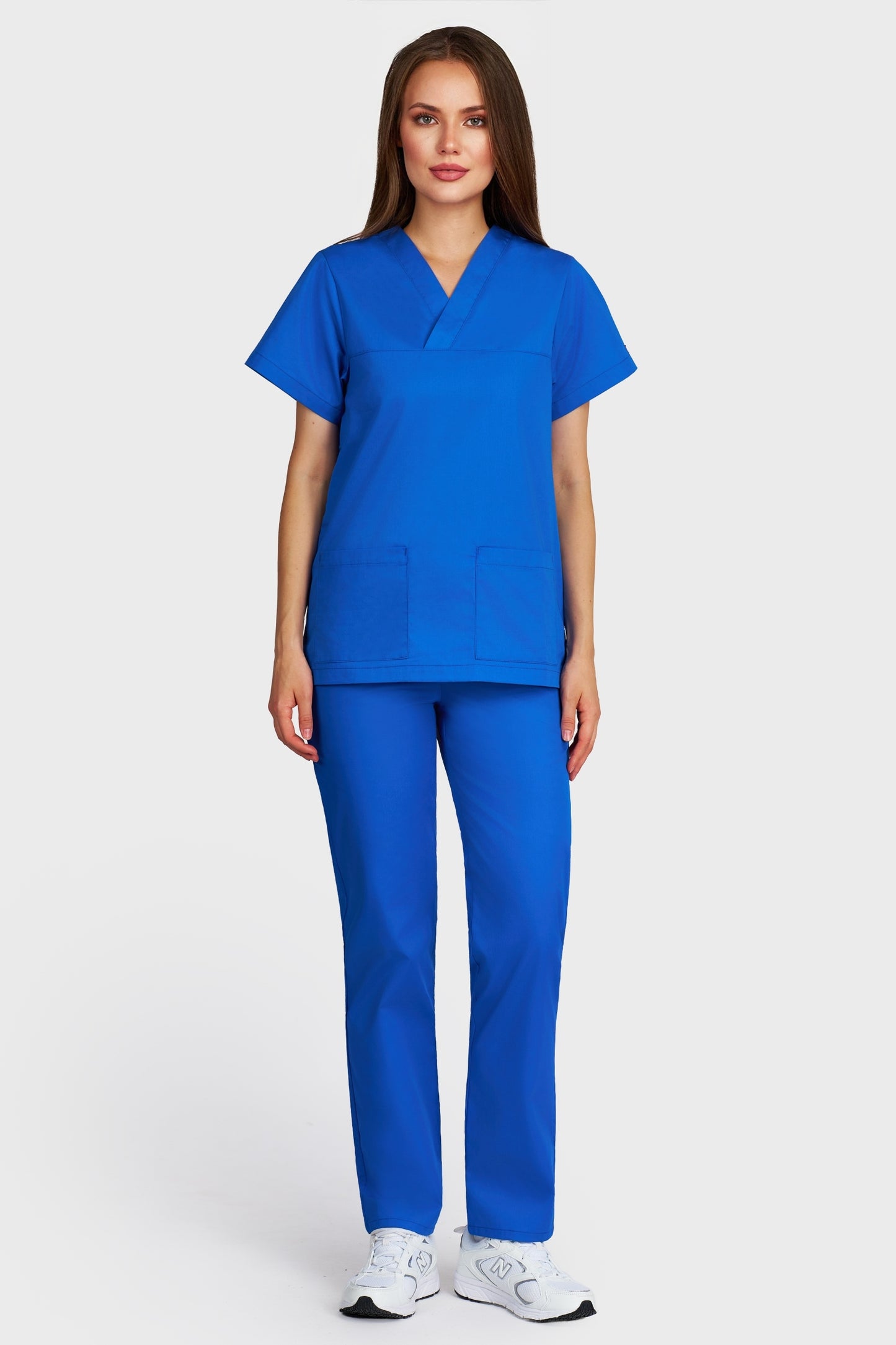 Costum medical femei albastru royal - bluza medicala Frieda si pantaloni cu elastic si snur, vedere din fata - AKITEX