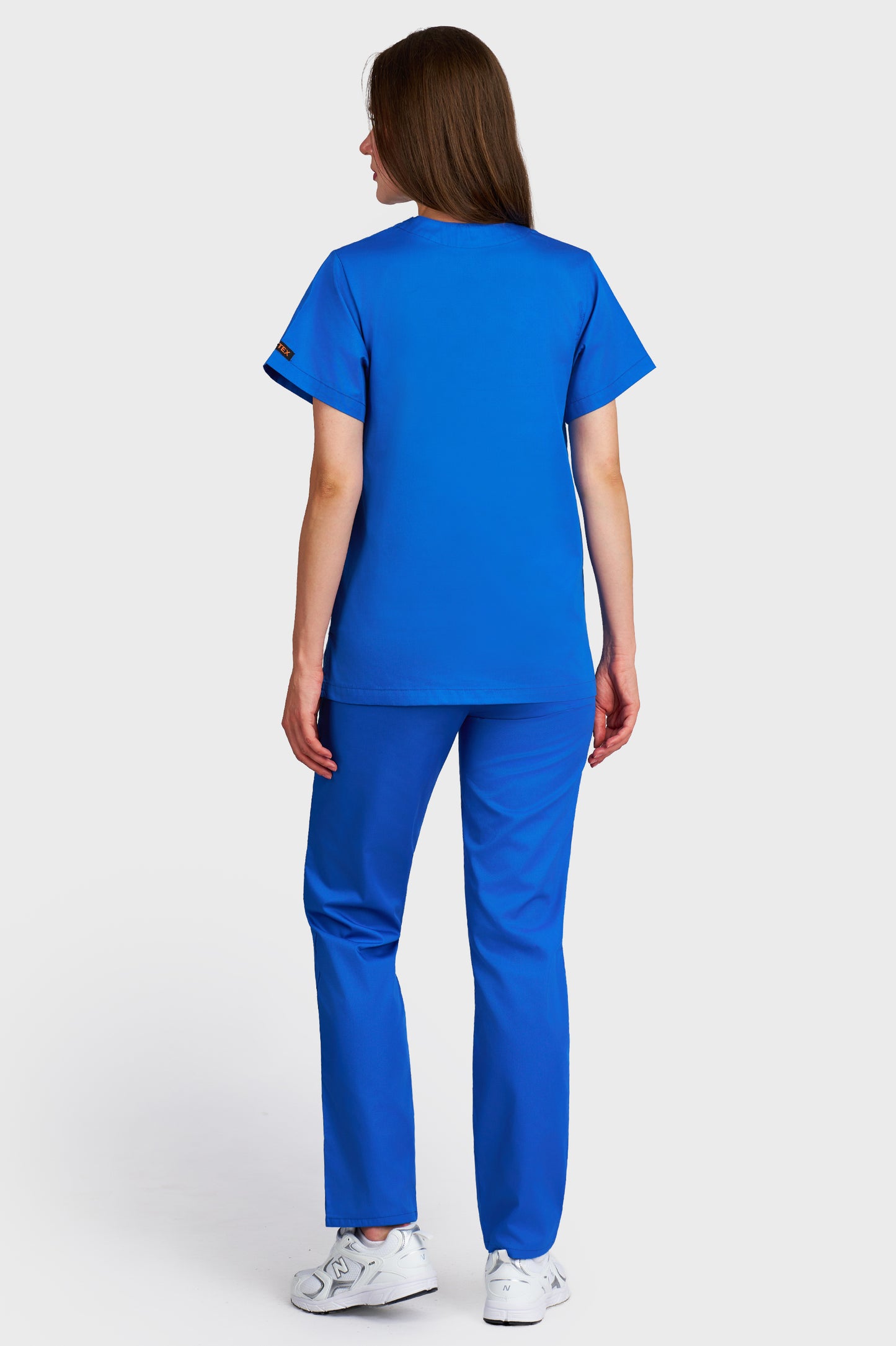 Costum medical femei albastru royal - bluza medicala Frieda si pantaloni cu elastic si snur, vedere din spate - AKITEX