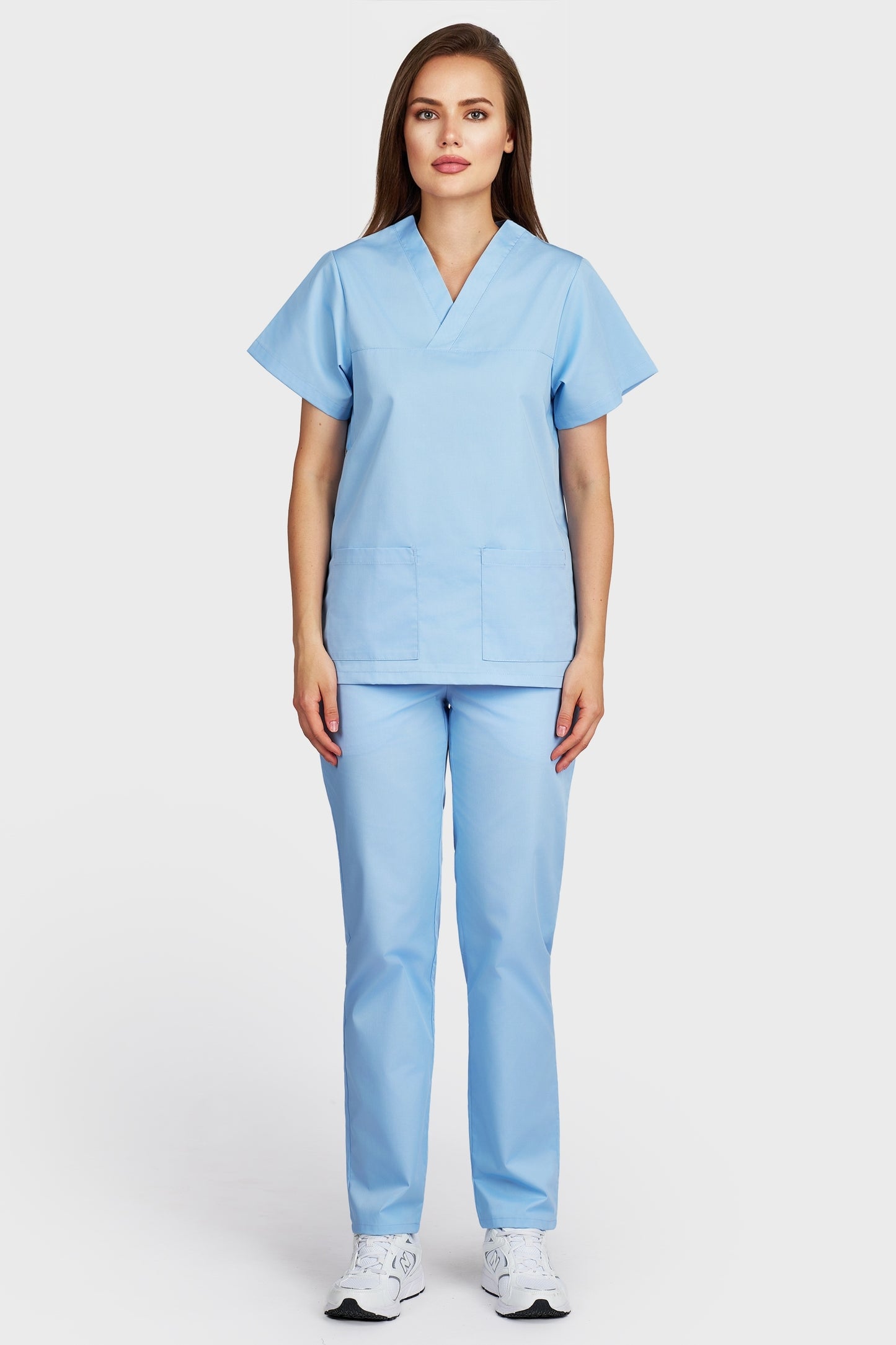 Costum medical femei lightblue - bluza medicala Frieda si pantaloni cu elastic si snur, vedere din fata - AKITEX
