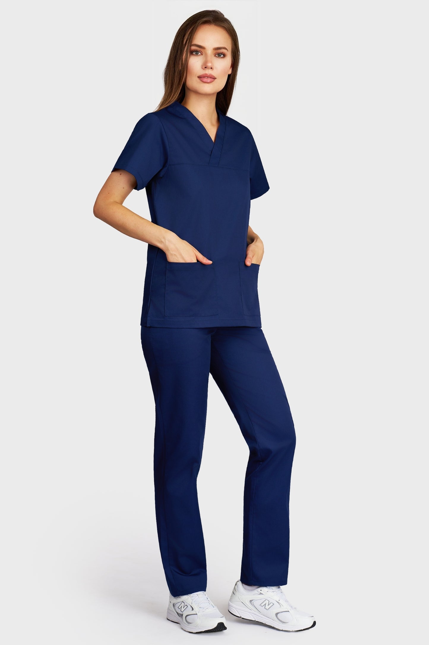 Costum medical femei navy - bluza medicala Frieda si pantaloni cu elastic si snur, vedere laterala - AKITEX