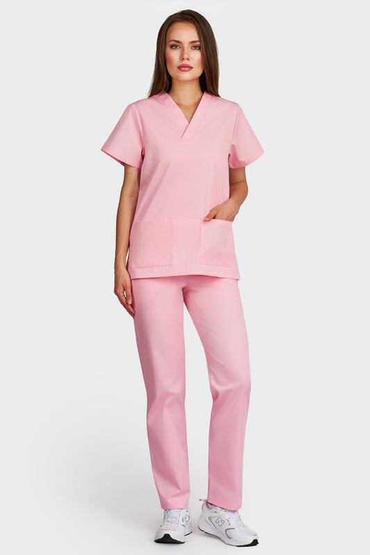 Costum medical femei roz - bluza medicala Frieda si pantaloni cu elastic si snur, vedere din fata - AKITEX