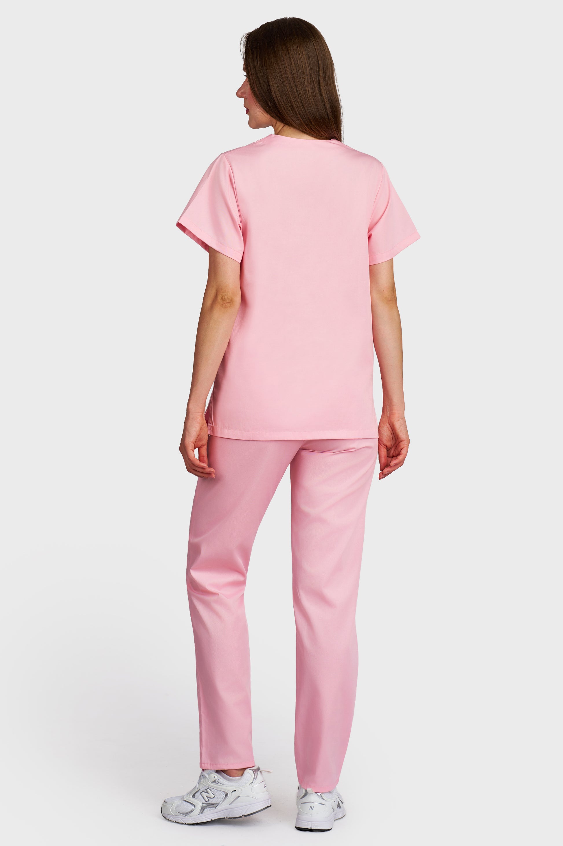Costum medical femei roz - bluza medicala Frieda si pantaloni cu elastic si snur, vedere din spate - AKITEX