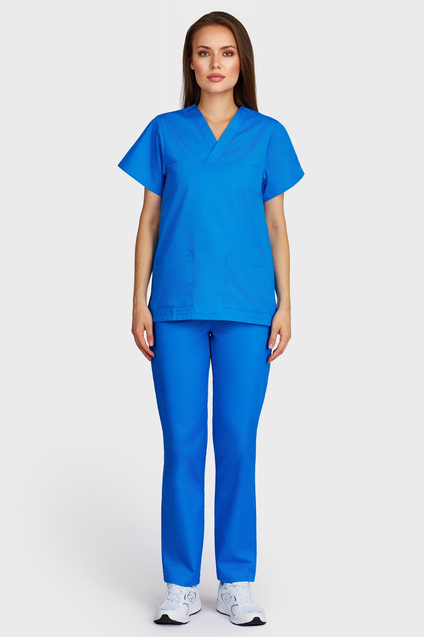 Costum medical femei turquoise - bluza medicala Frieda si pantaloni cu elastic si snur, vedere din fata - AKITEX