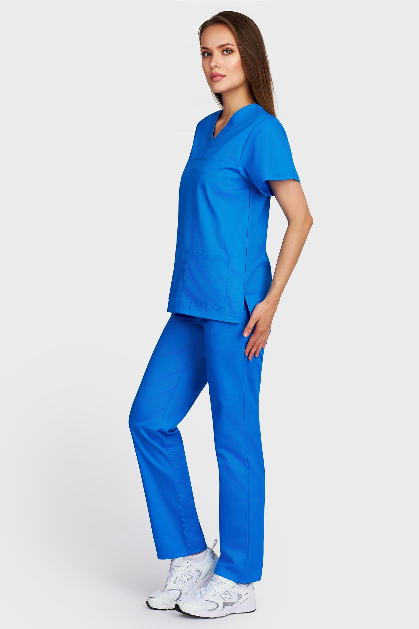 Costum medical femei turquoise - bluza medicala Frieda si pantaloni cu elastic si snur, vedere laterala - AKITEX