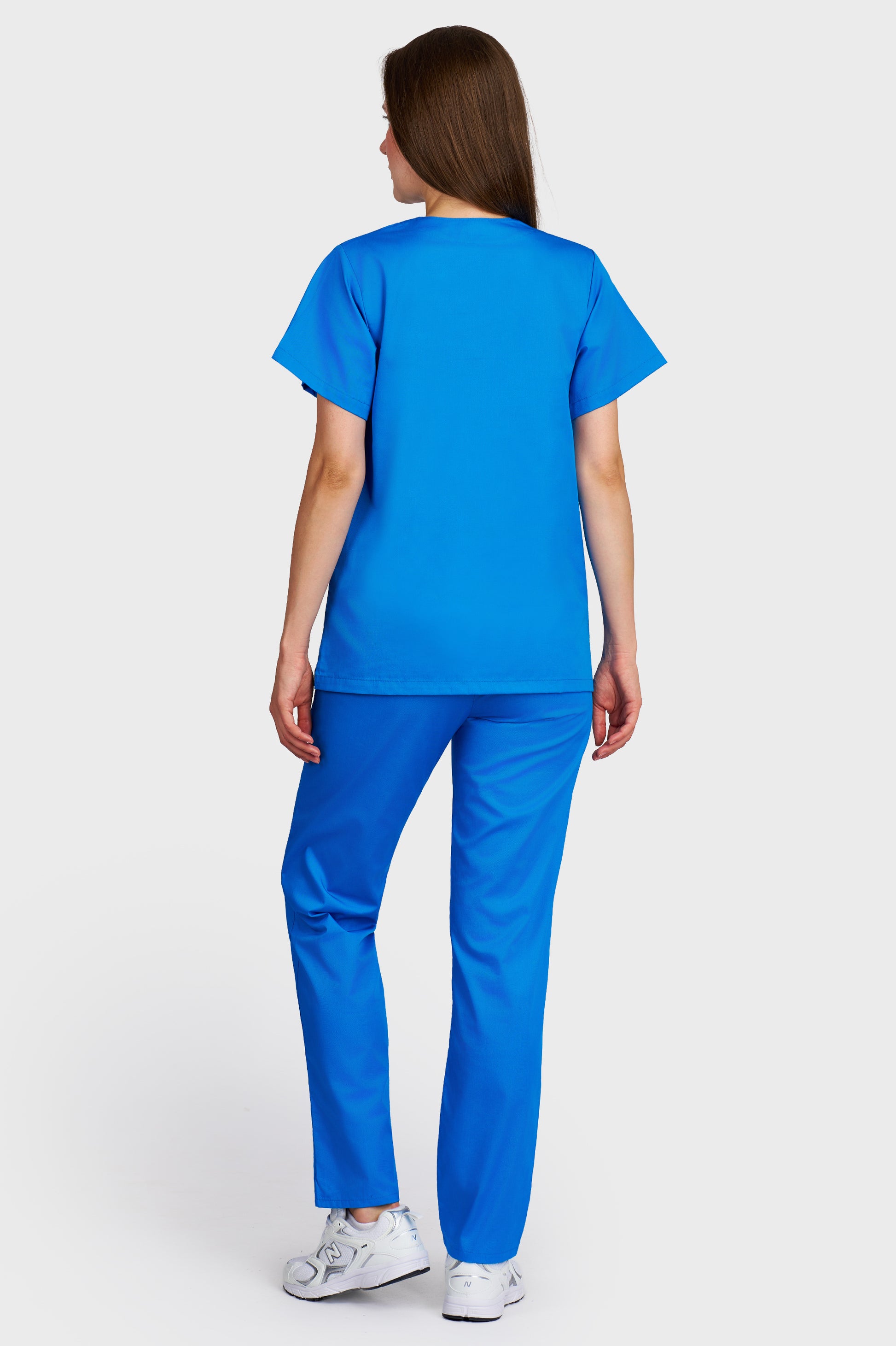 Costum medical femei turquoise - bluza medicala Frieda si pantaloni cu elastic si snur, vedere din spate - AKITEX