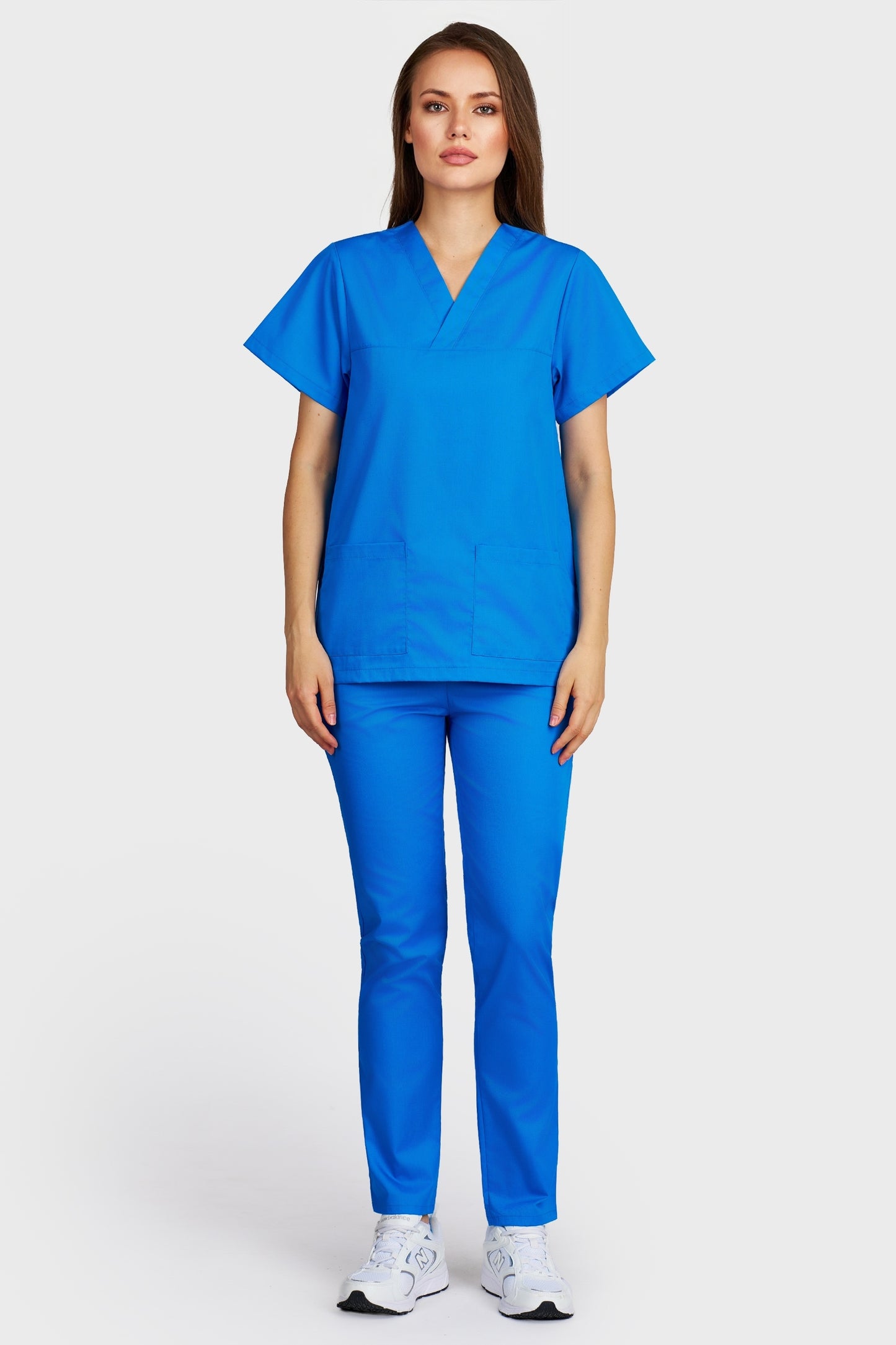 Costum medical femei turquoise - bluza medicala Frieda si pantaloni cu elastic, vedere din fata - AKITEX