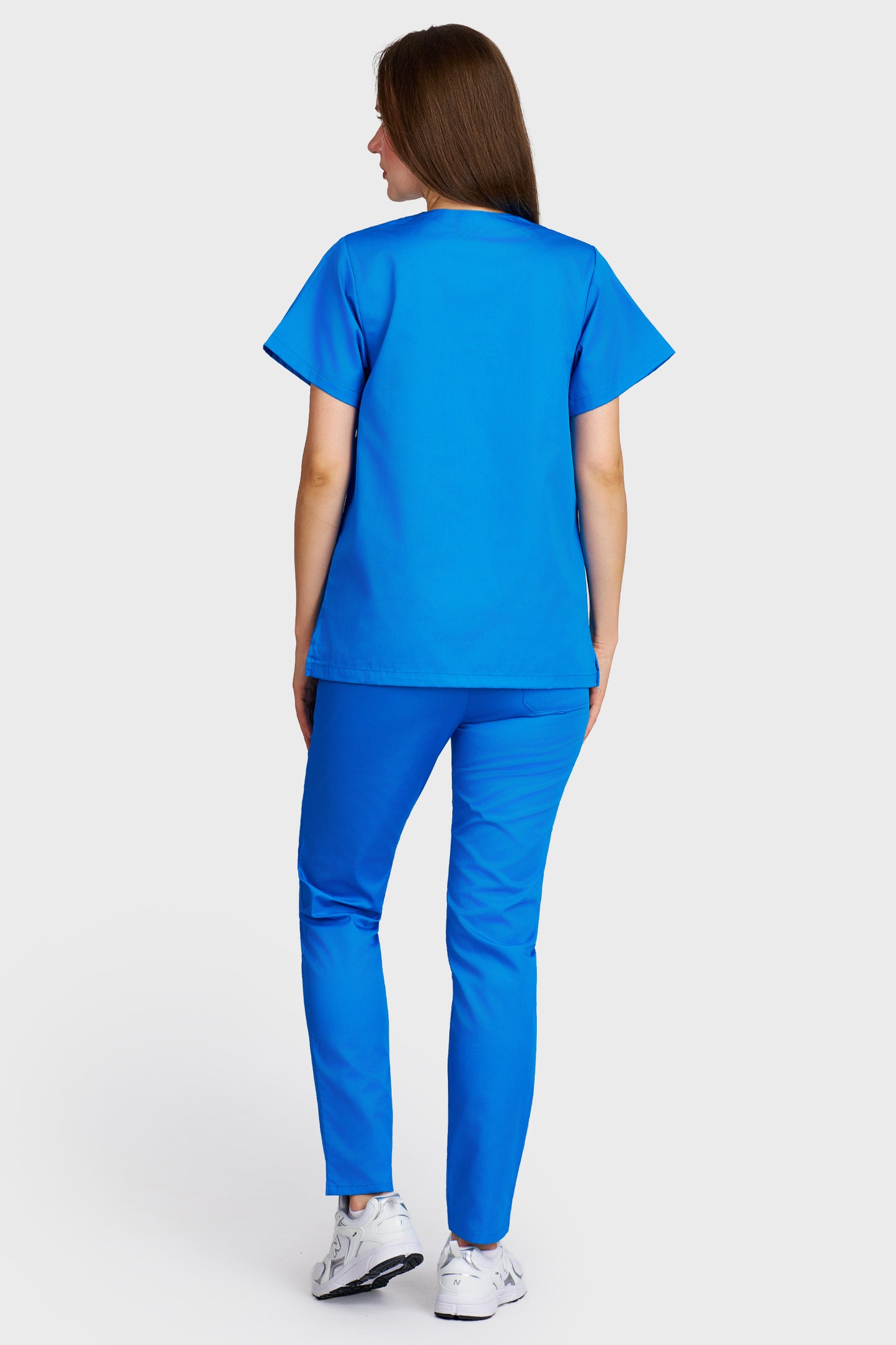 Costum medical femei turquoise - bluza medicala Frieda si pantaloni cu elastic, vedere din spate - AKITEX