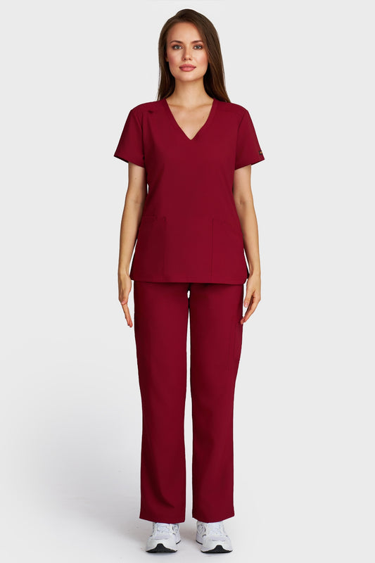 Costum medical femei bordo - bluza medicala Juliette si pantaloni Cargo, vedere din fata - AKITEX