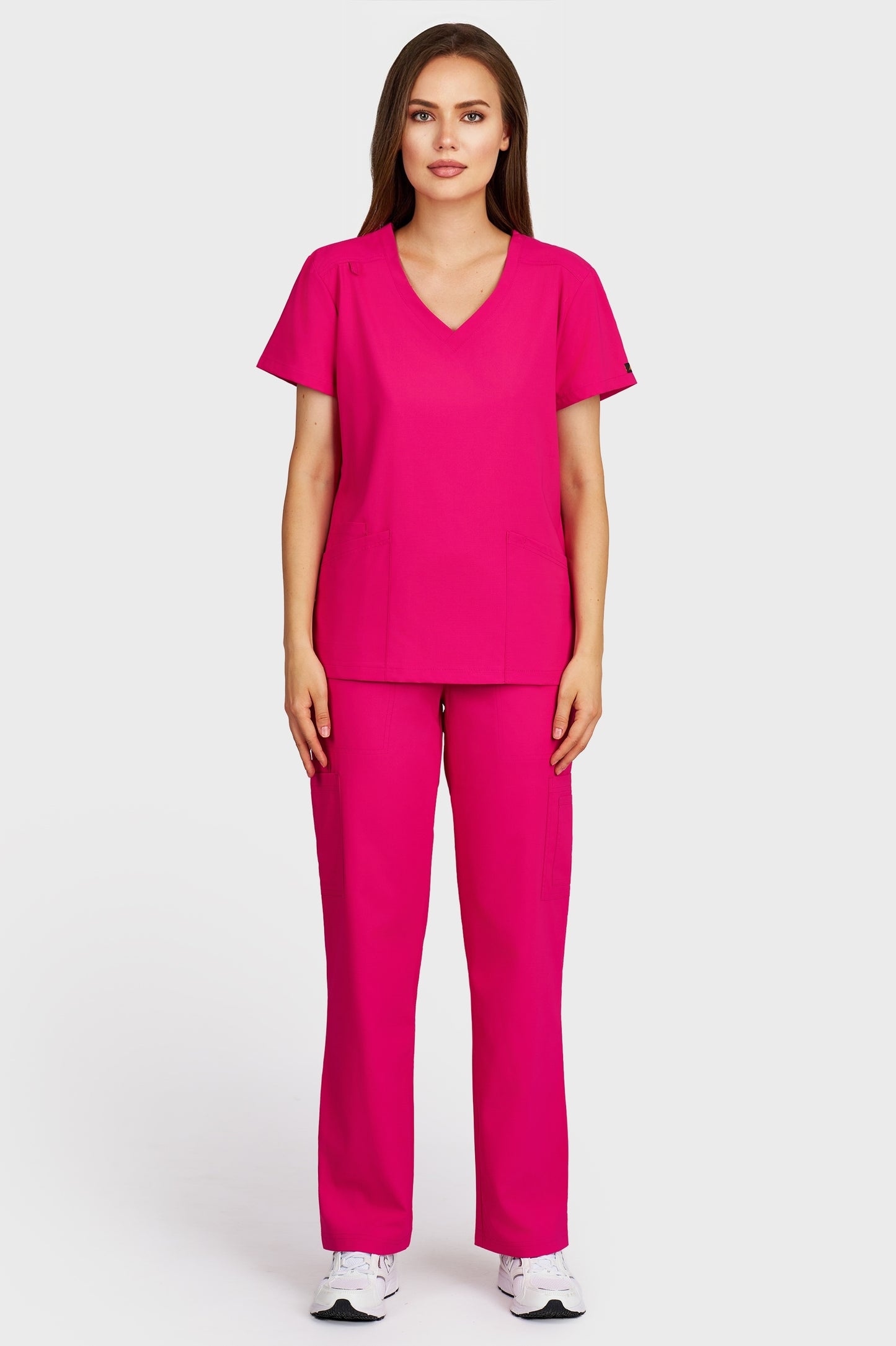 Costum medical femei fucsia - bluza medicala Juliette si pantaloni Cargo, vedere din fata - AKITEX