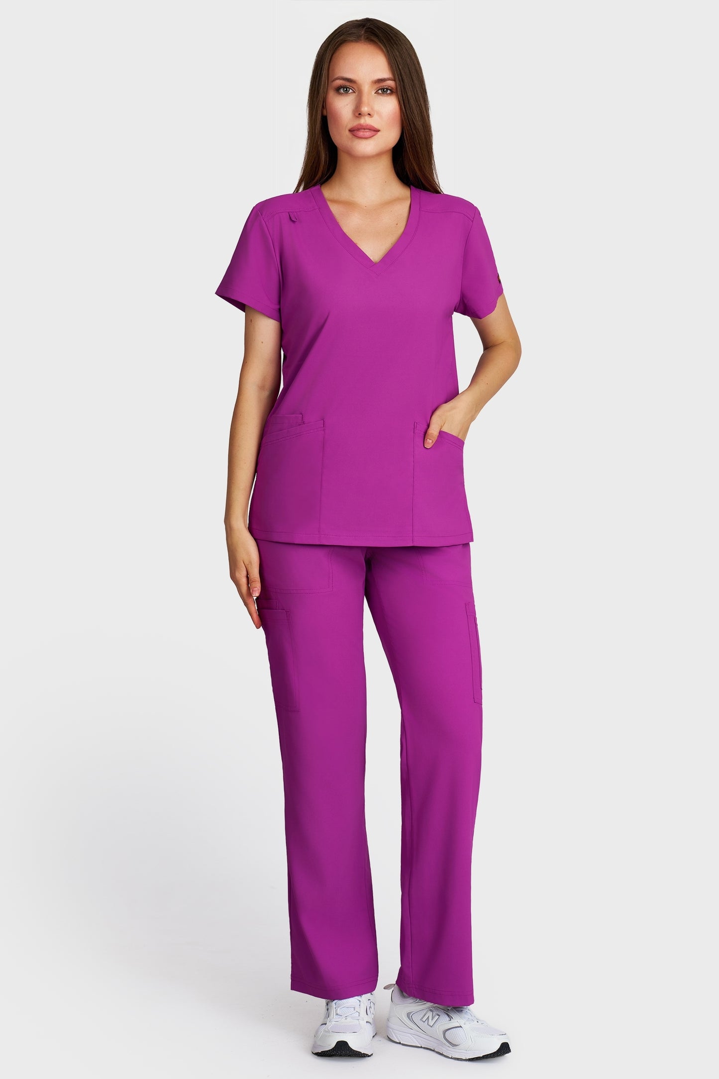 Costum medical femei mov - bluza medicala Juliette si pantaloni Cargo, vedere din fata - AKITEX
