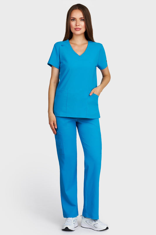 Costum medical femei turquoise - bluza medicala Juliette si pantaloni Cargo, vedere din fata - AKITEX