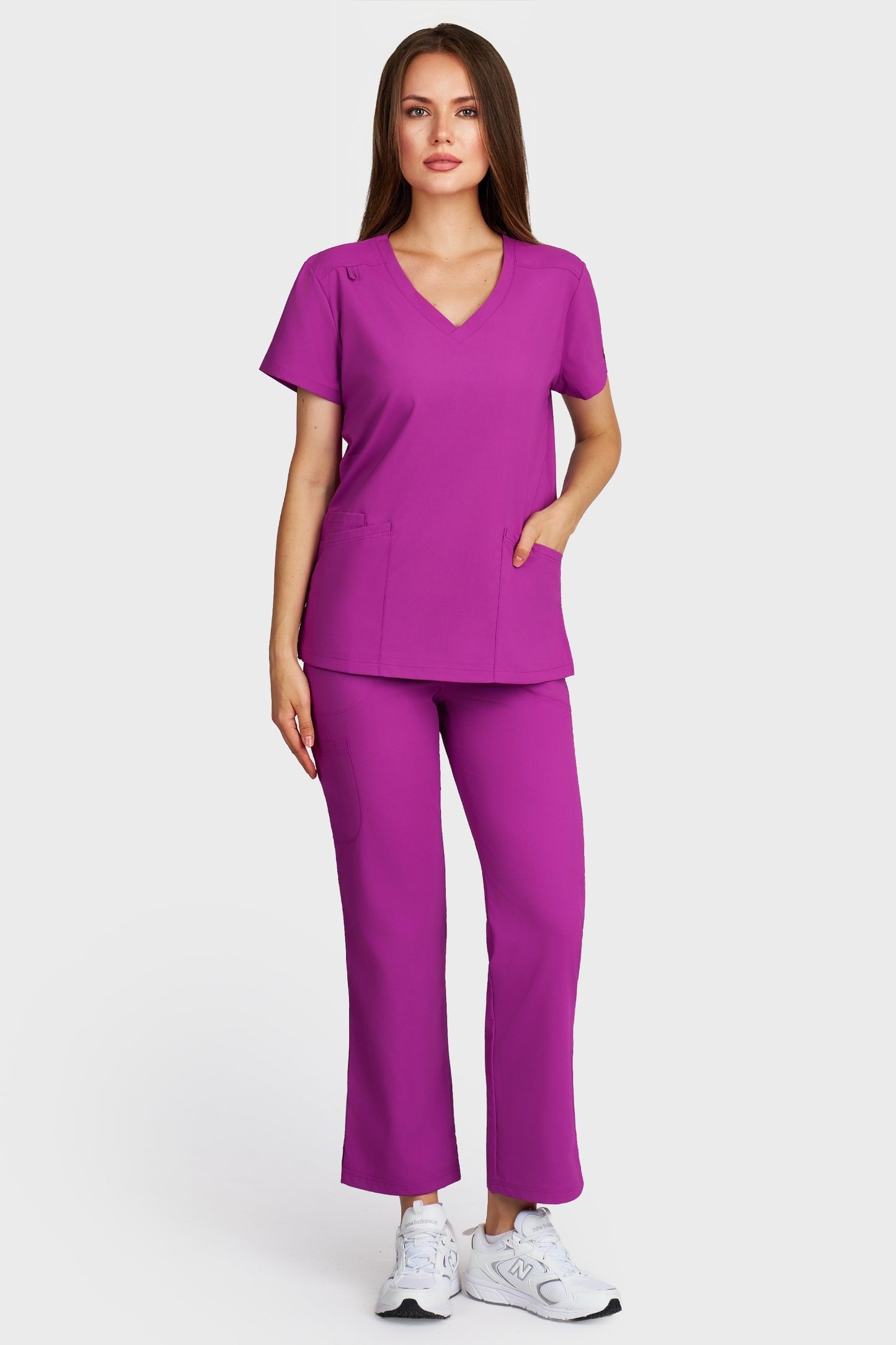 Costum medical femei mov - bluza medicala Juliette si pantaloni Violeta, vedere din fata - AKITEX