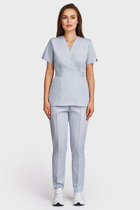 Costum medical femei gri - bluza medicala Kimono si pantaloni Alisa, vedere din fata - AKITEX