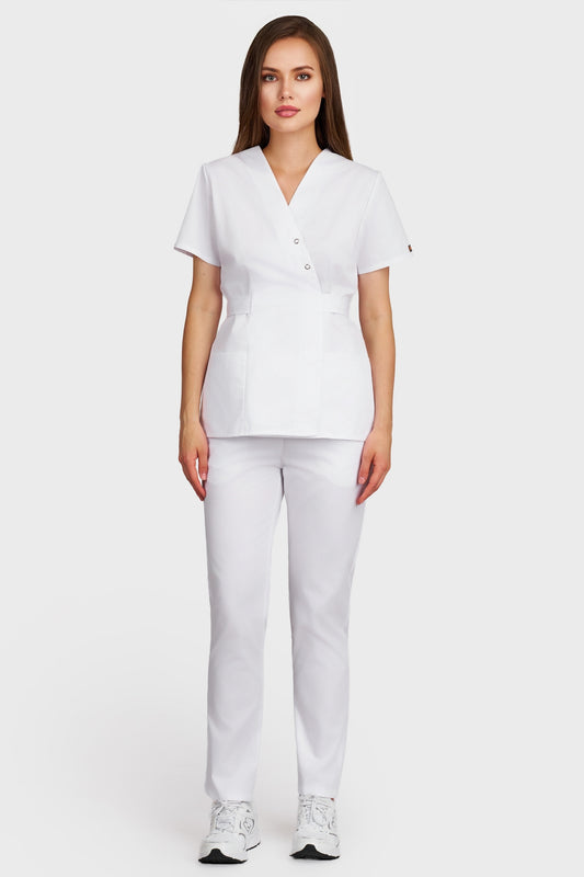 Costum medical femei alb - bluza medicala Kimono si pantaloni cu elastic, vedere din fata - AKITEX