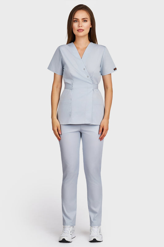Costum medical femei gri - bluza medicala Kimono si pantaloni cu elastic, vedere din fata - AKITEX