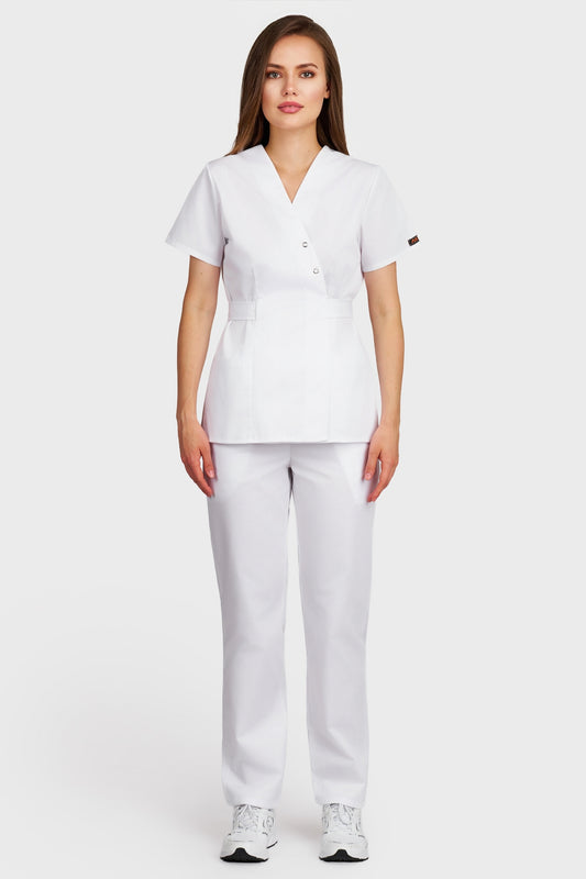 Costum medical femei alb - bluza medicala Kimono si pantaloni cu elastic si snur, vedere din fata - AKITEX