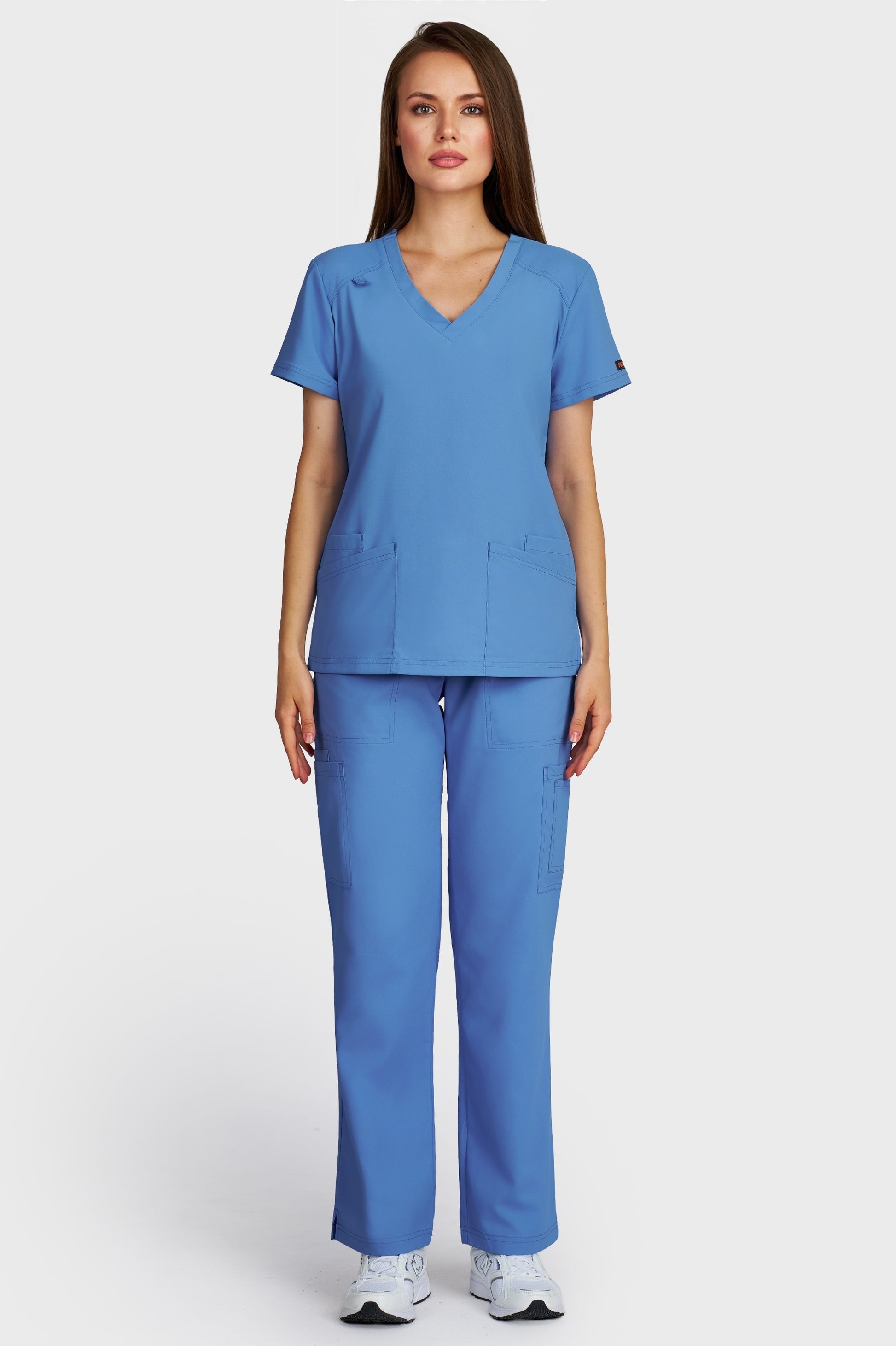 Costum medical femei albastru azur - bluza medicala Tosca si pantaloni Cargo, vedere din fata - AKITEX