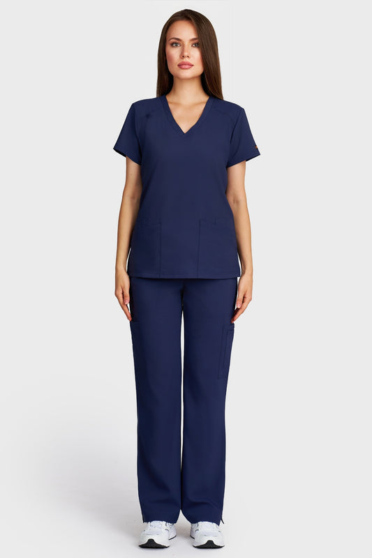 Costum medical femei navy - bluza medicala Tosca si pantaloni Cargo, vedere din fata - AKITEX