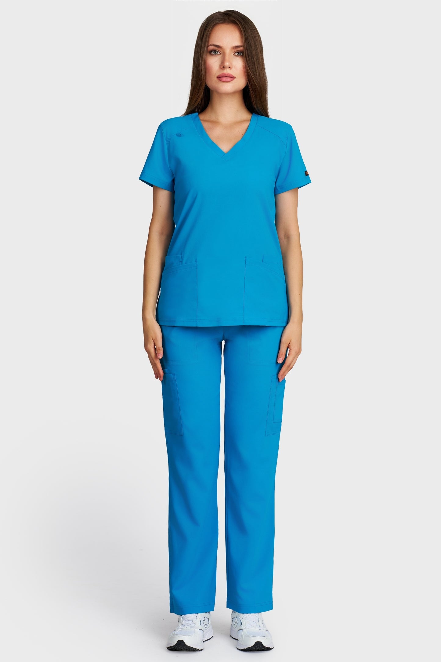 Costum medical femei turquoise - bluza medicala Tosca si pantaloni Cargo, vedere din fata - AKITEX