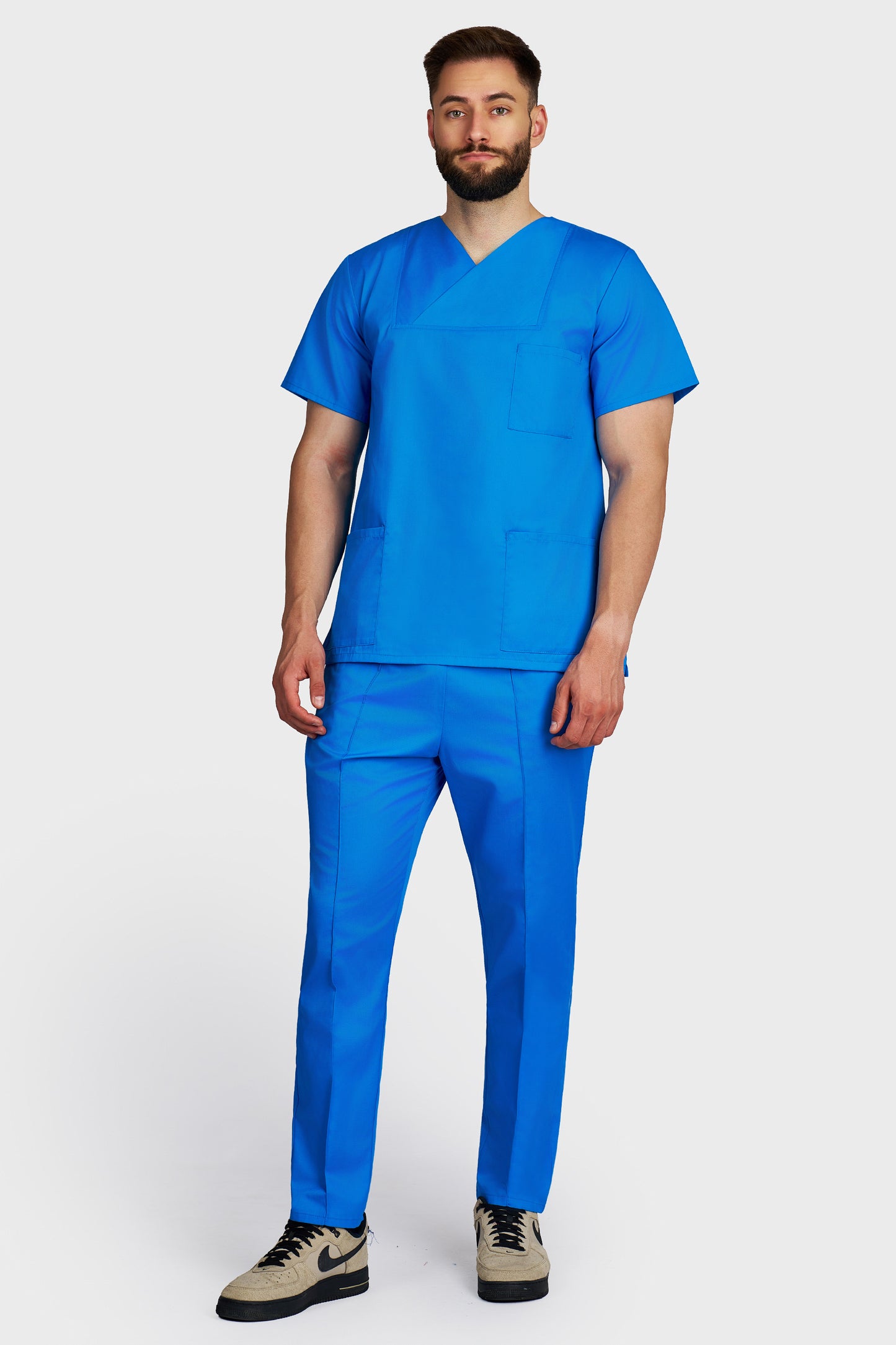 Costum medical barbati turquoise - bluza medicala Victoria si pantaloni Alisa, vedere din fata - AKITEX