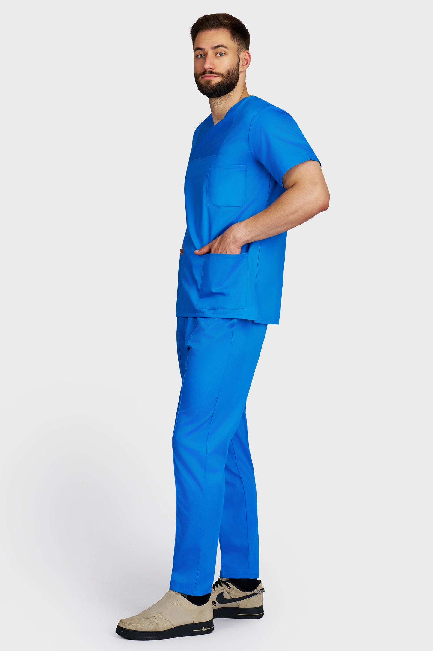 Costum medical barbati turquoise - bluza medicala Victoria si pantaloni Alisa, vedere laterala - AKITEX