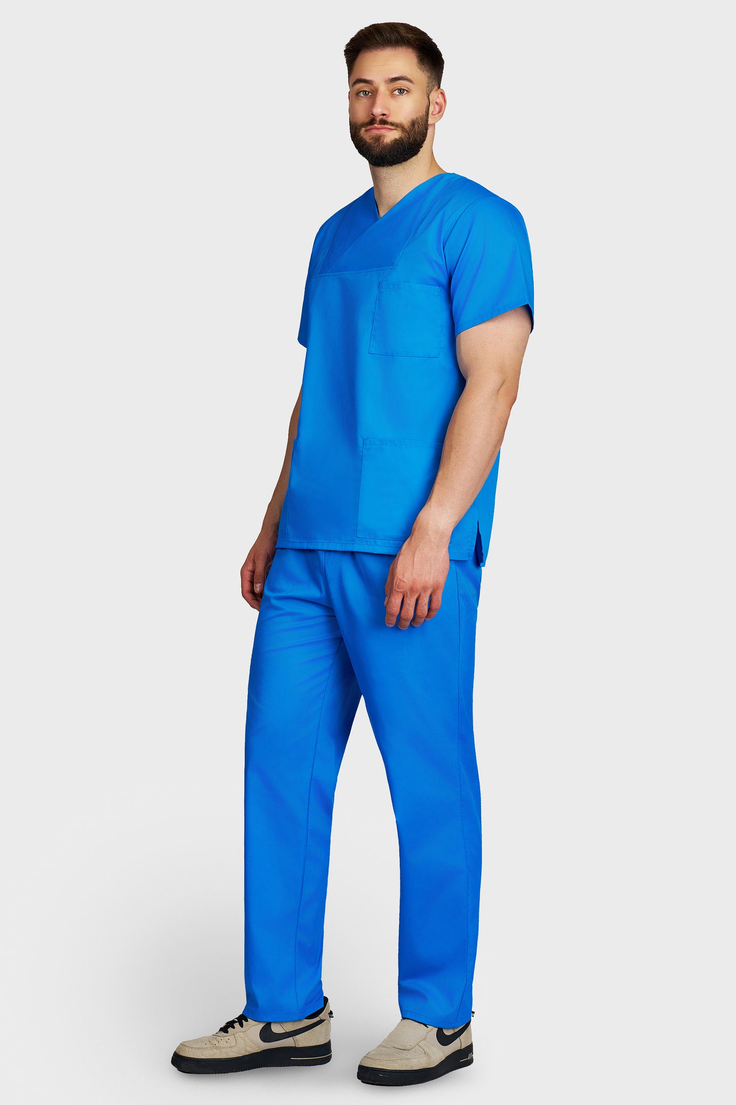Costum medical barbati turquoise - bluza medicala Victoria si pantaloni cu elastic si snur, vedere laterala - AKITEX