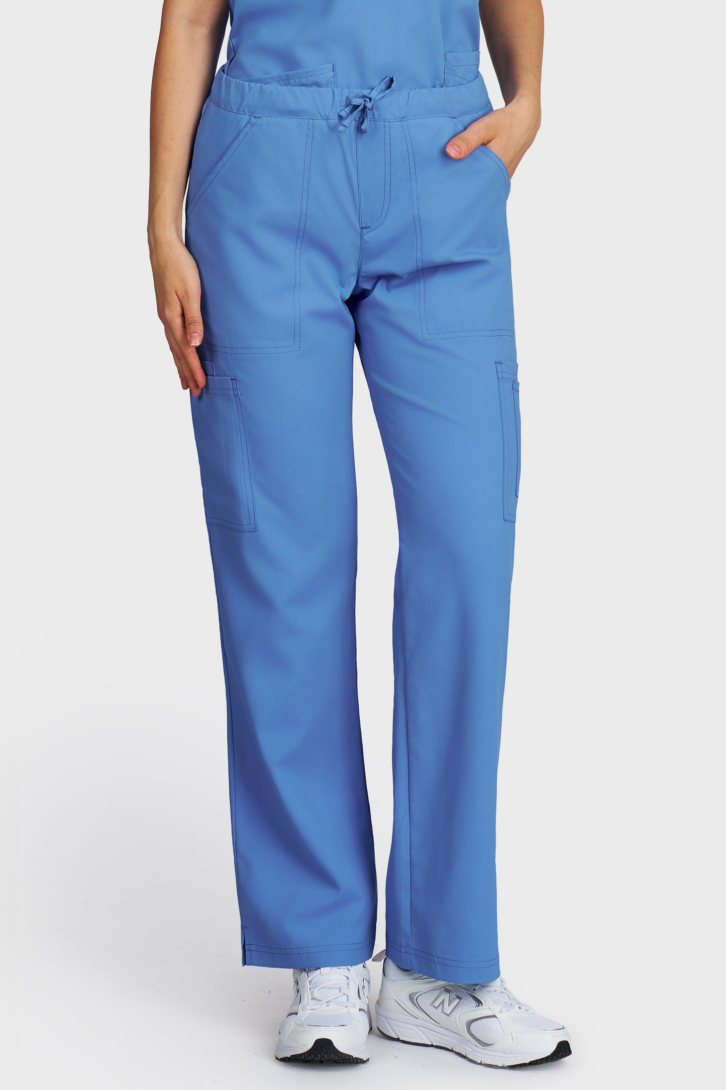 Pantaloni medicali femei Cargo albastru azur stretch - vedere din fata - AKITEX