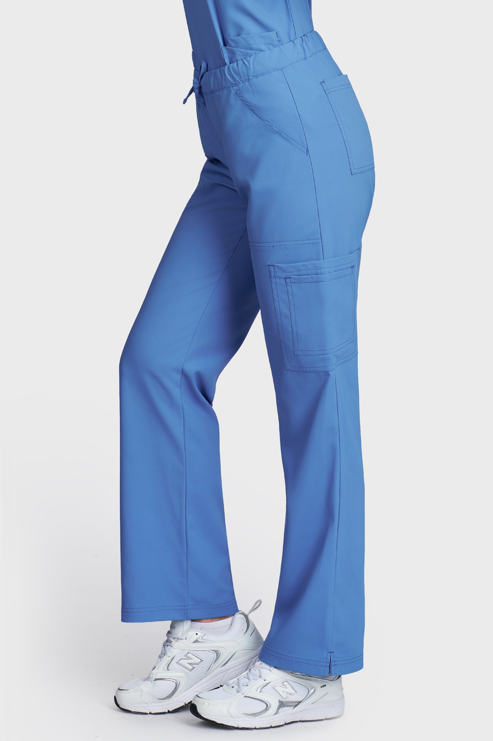 Pantaloni medicali femei Cargo albastru azur stretch - vedere laterala - AKITEX