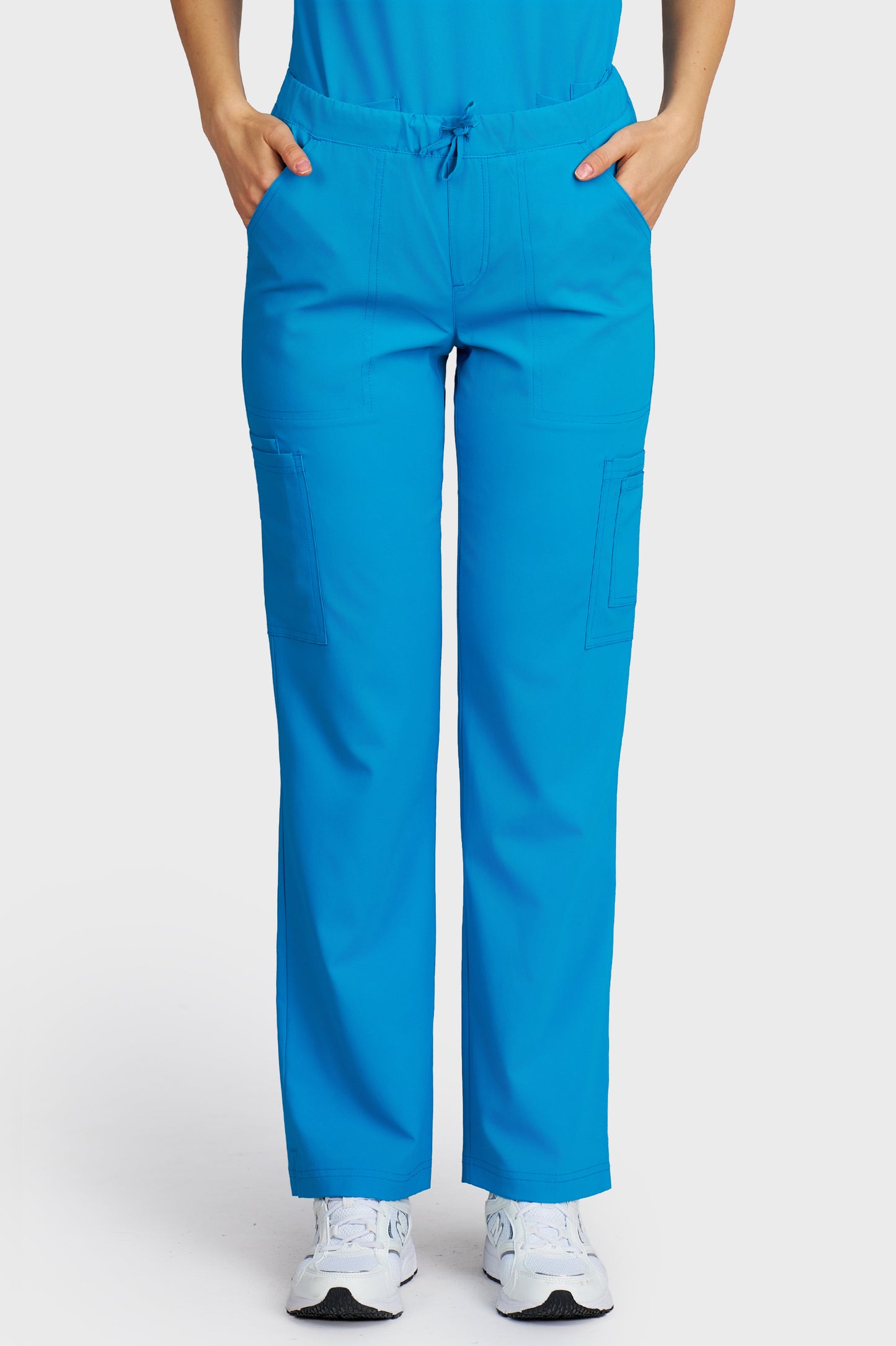 Pantaloni medicali femei Cargo turcoaz stretch - vedere din fata - AKITEX