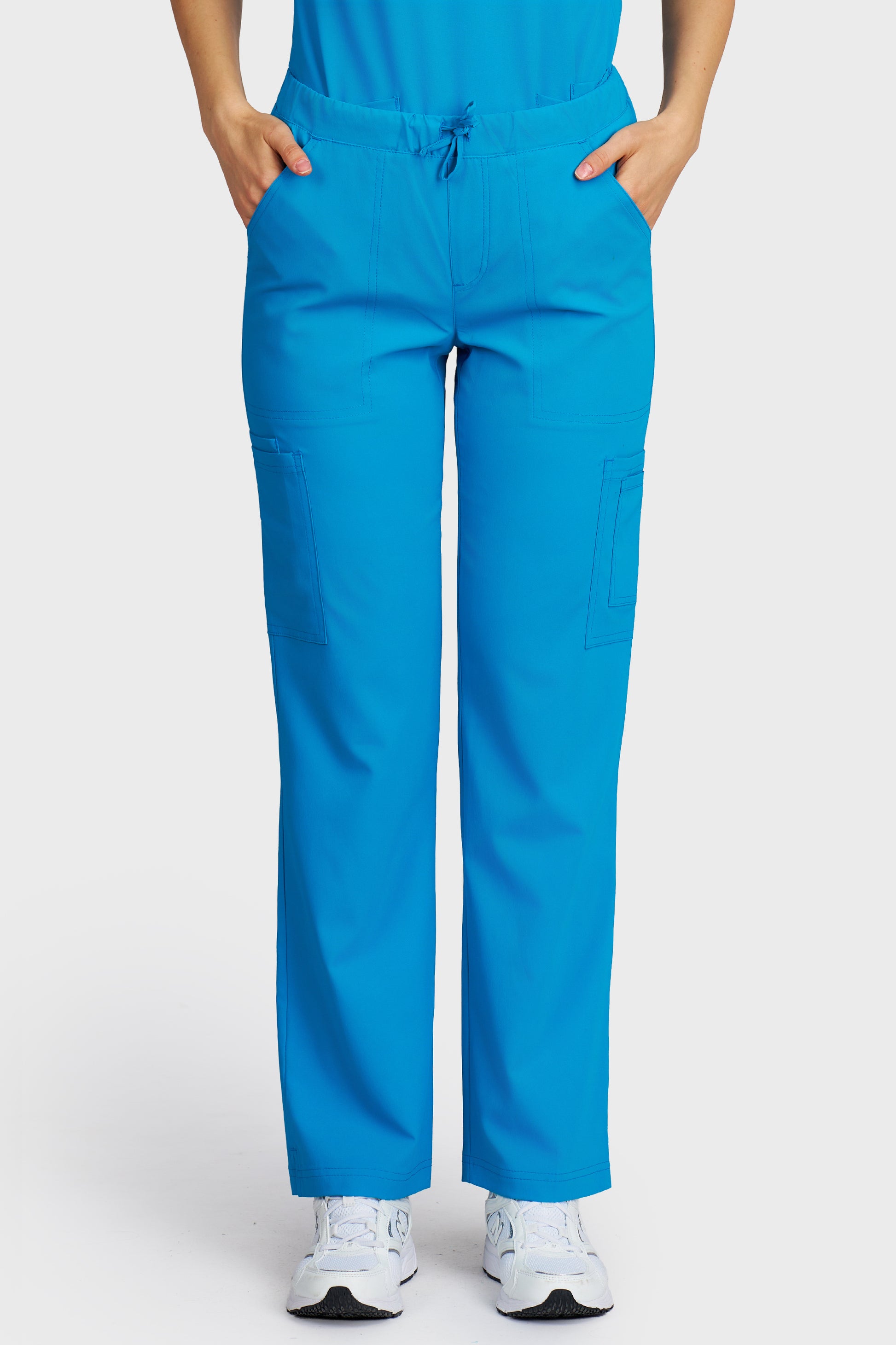 Pantaloni medicali femei Cargo turcoaz stretch - vedere din fata - AKITEX