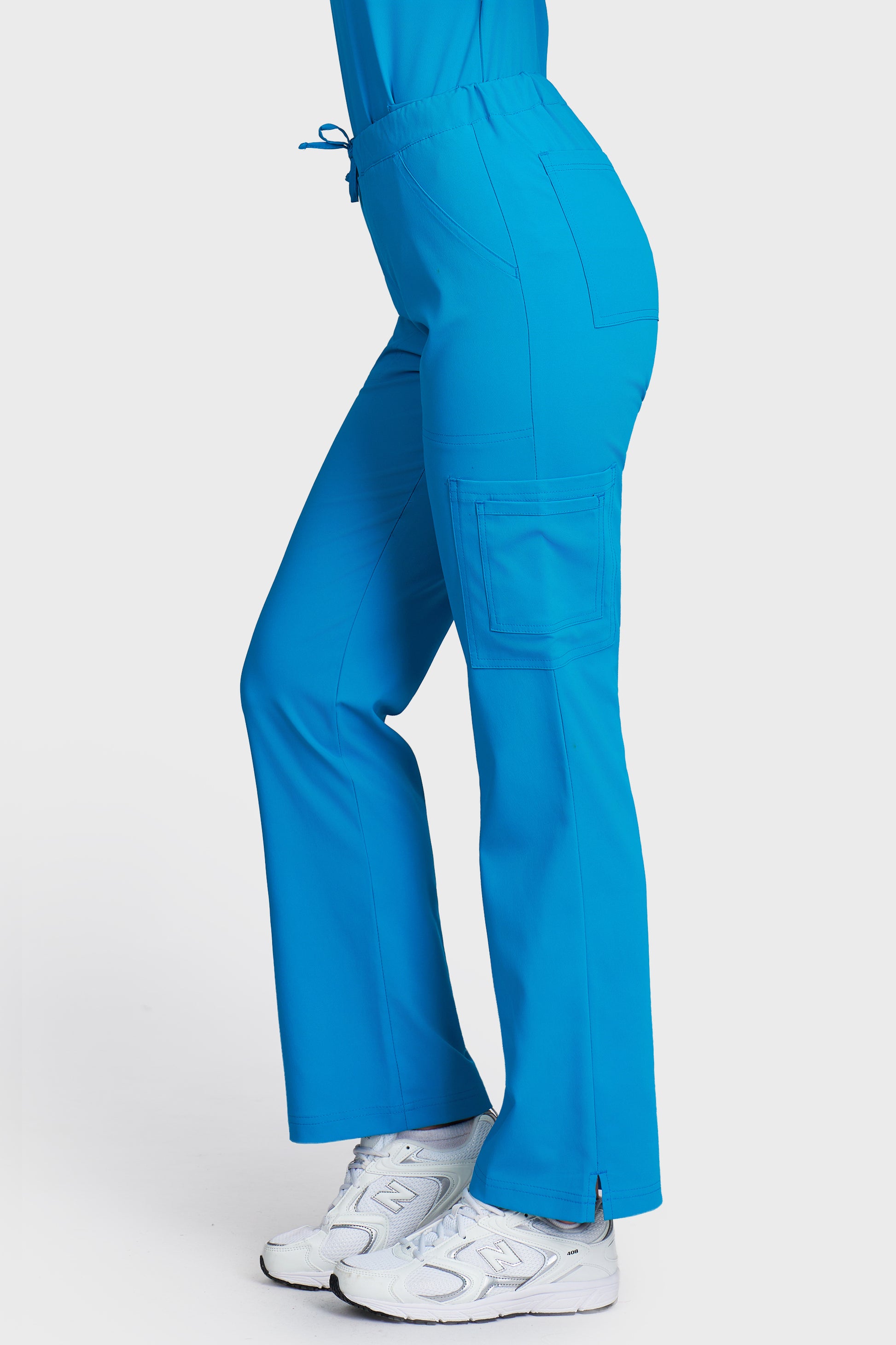 Pantaloni medicali femei Cargo turcoaz stretch - vedere laterala - AKITEX